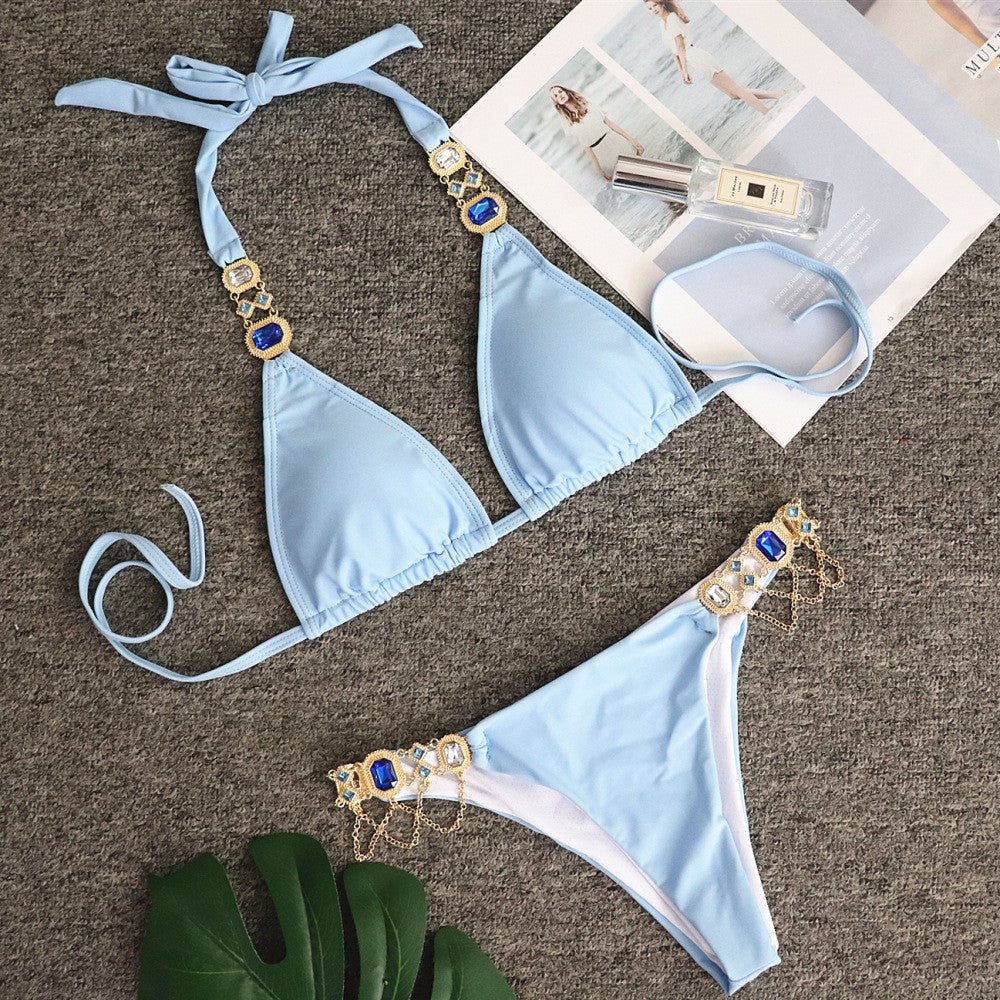 Halter Metal Chains Rhinestone Diamond Bikini set