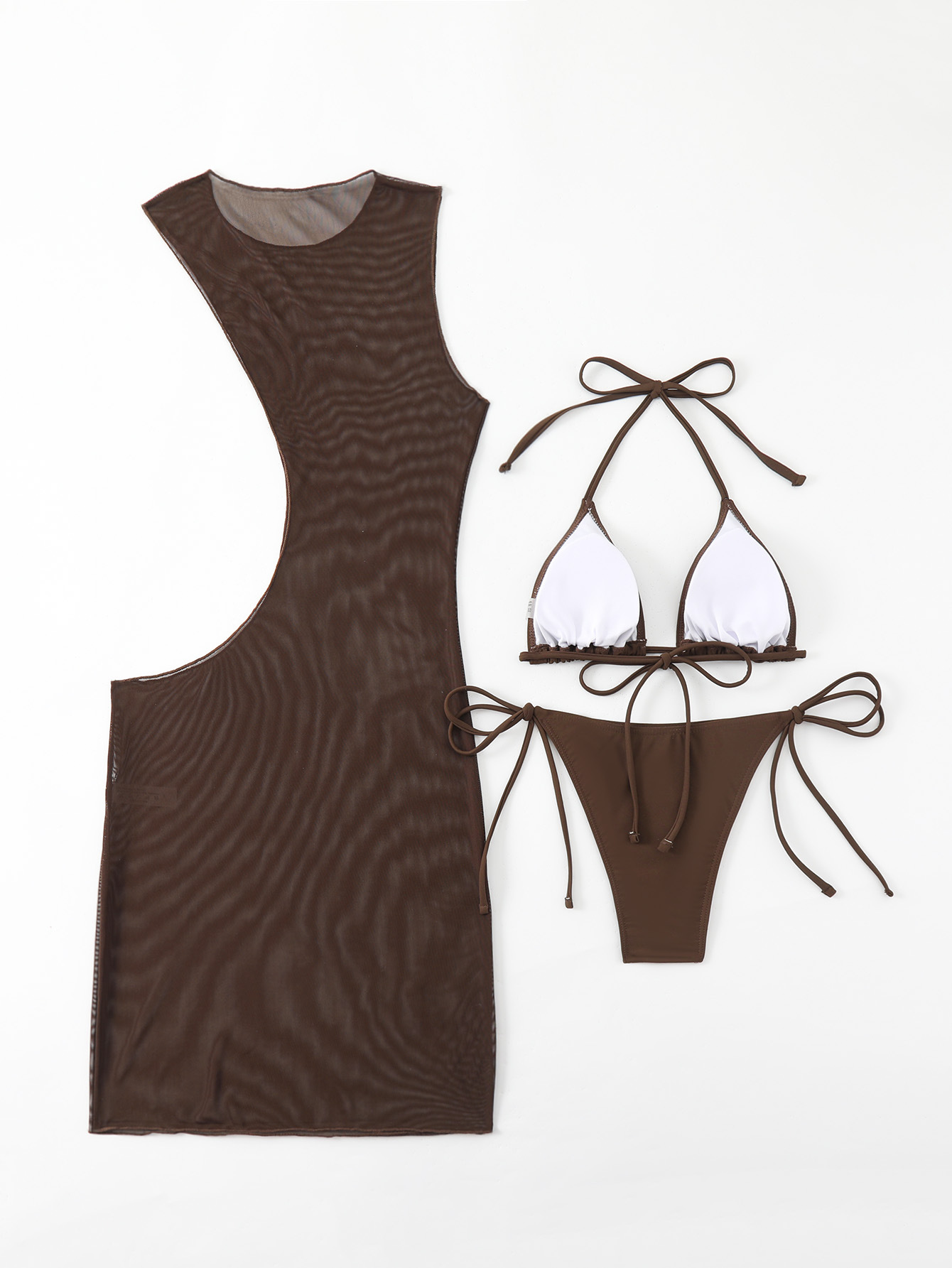 Brown Mesh Cover Ups 3 Piece Bikinis Sets