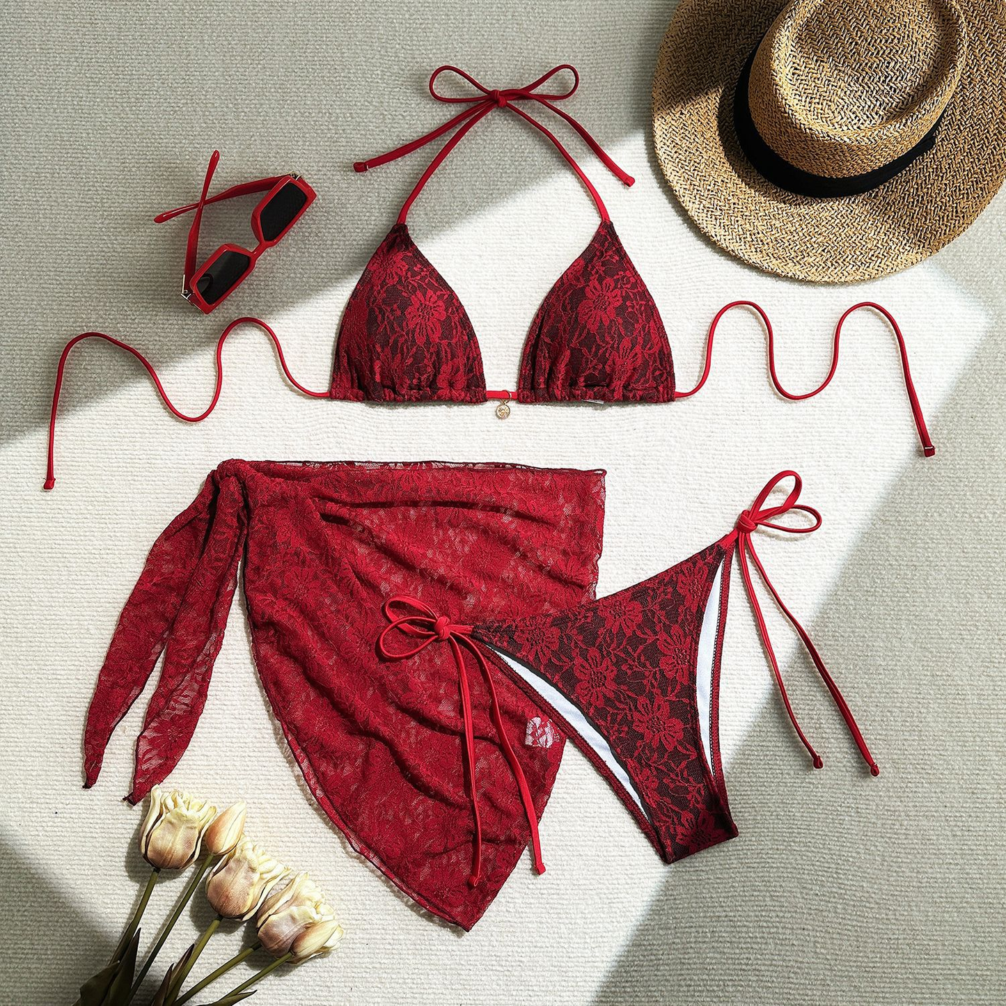 3PCS Sexy Lace Brazilian Bikini Set