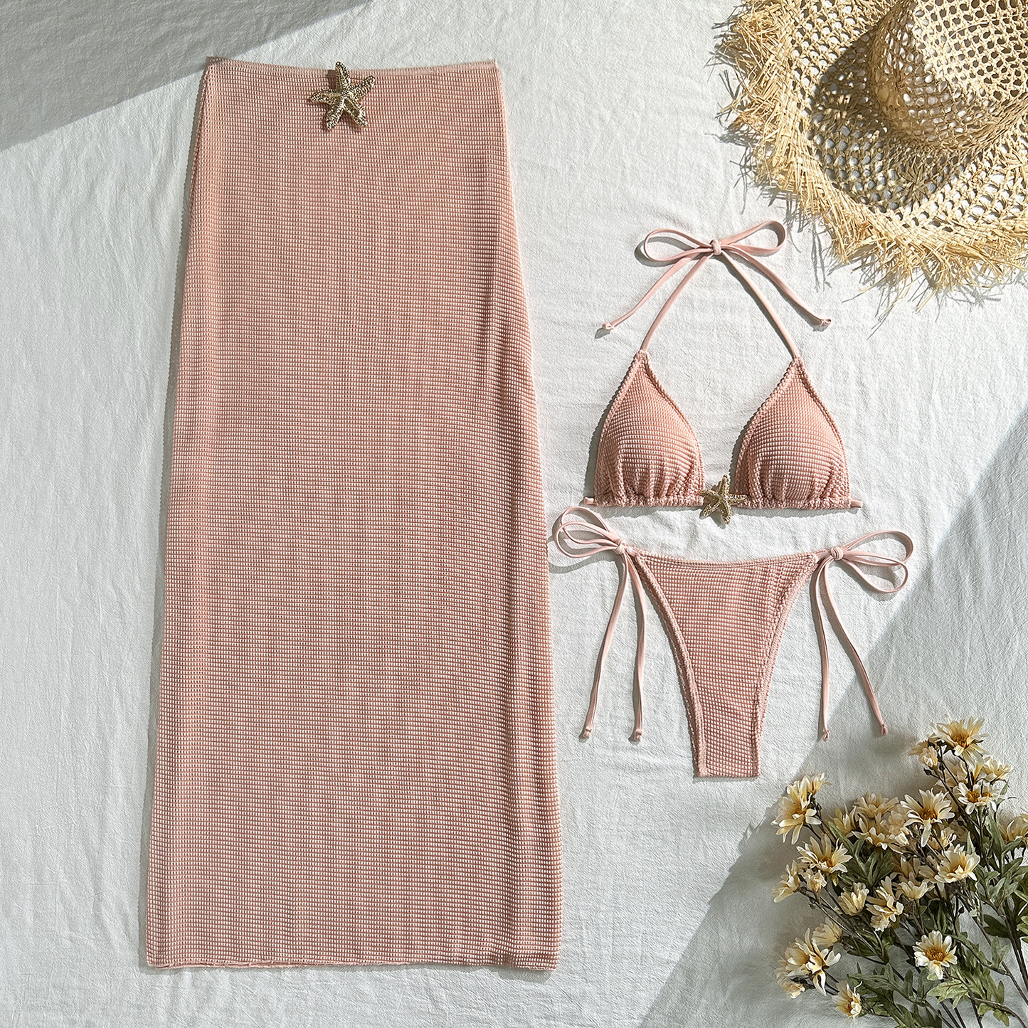 3PCS Metal Star Halter With Skirt Bikini