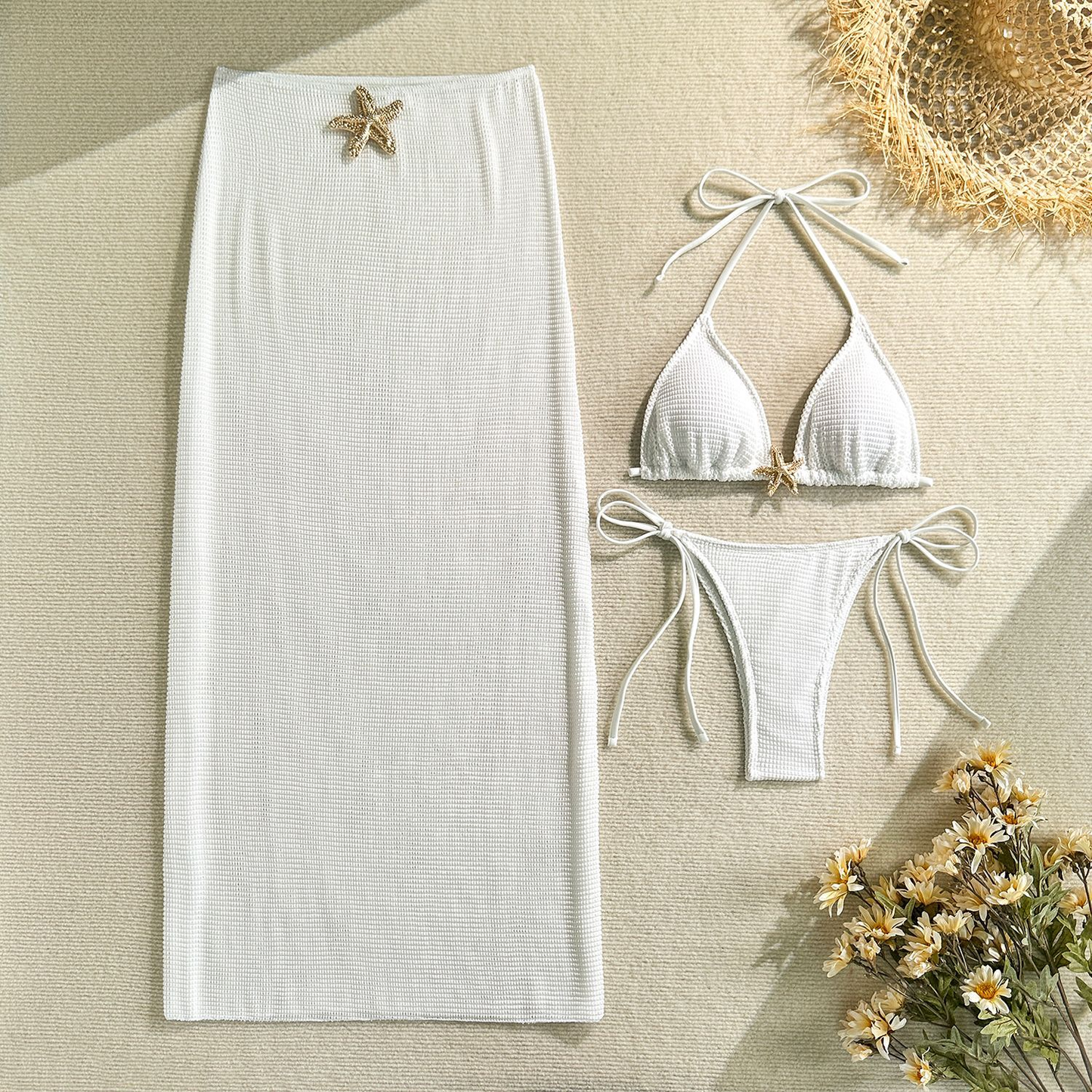 3PCS Metal Star Halter With Skirt Bikini