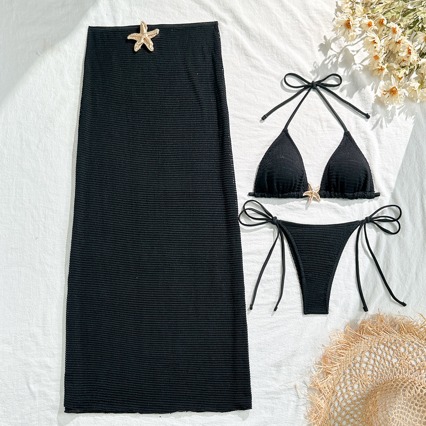 3PCS Metal Star Halter With Skirt Bikini