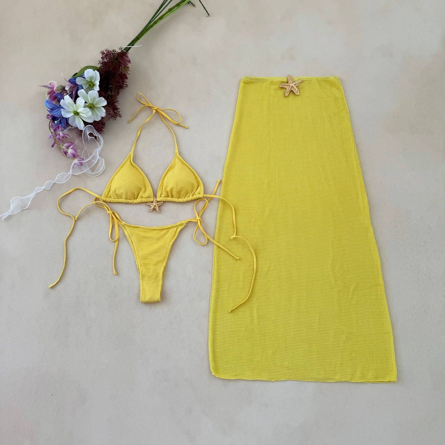 3PCS Metal Star Halter With Skirt Bikini