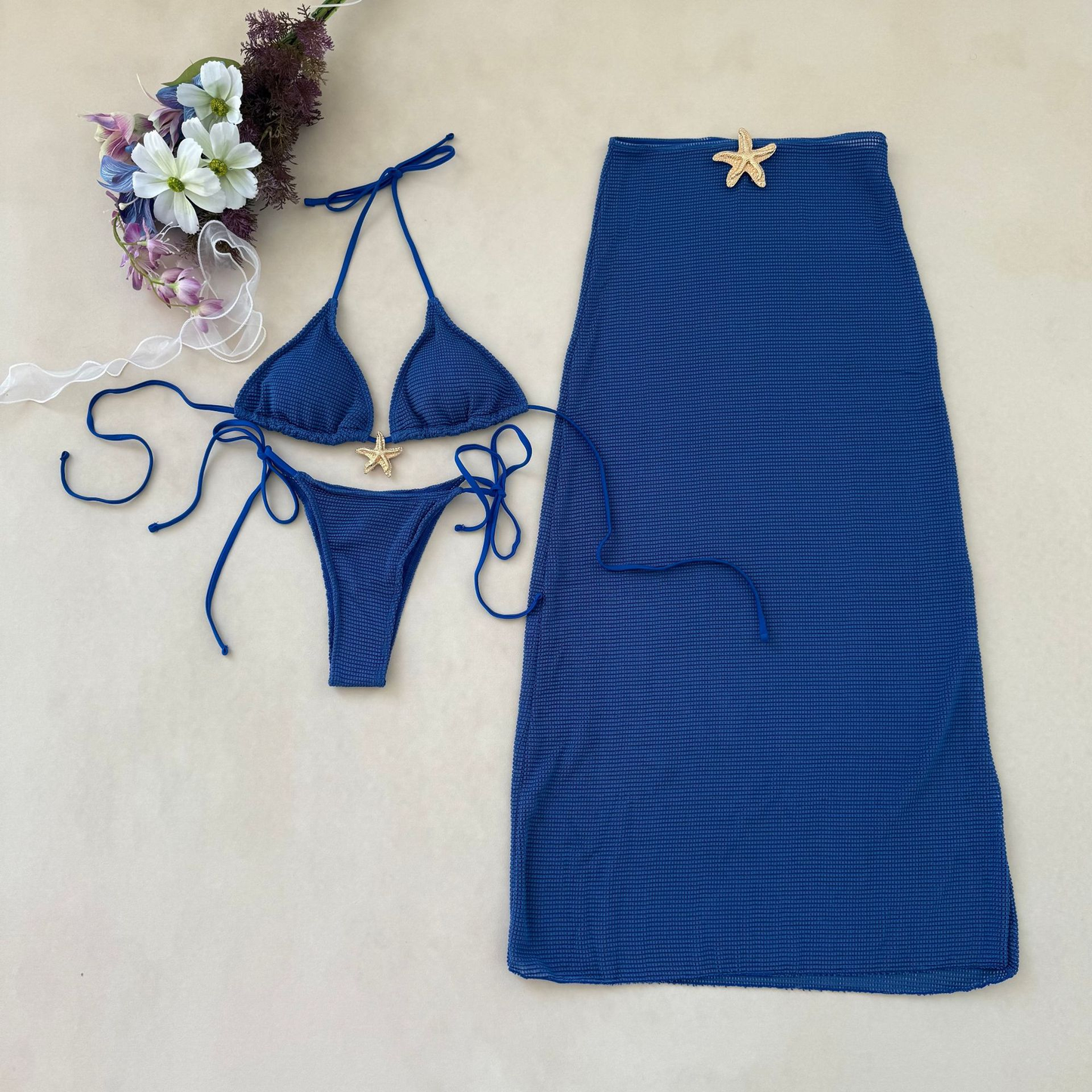 3PCS Metal Star Halter With Skirt Bikini
