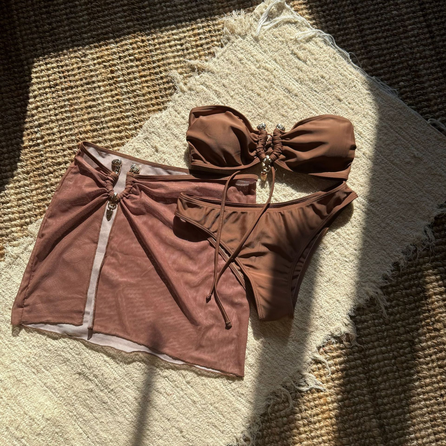 3 PCS Mesh Skirt Bandeau Metal Bikini