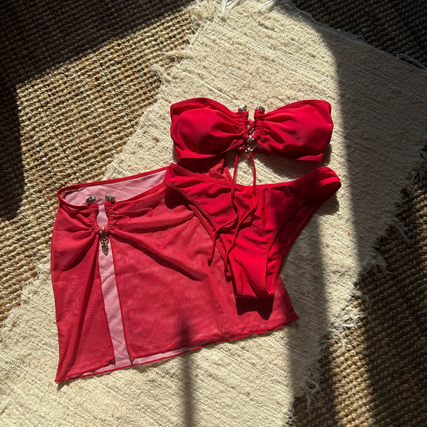 3 PCS Mesh Skirt Bandeau Metal Bikini