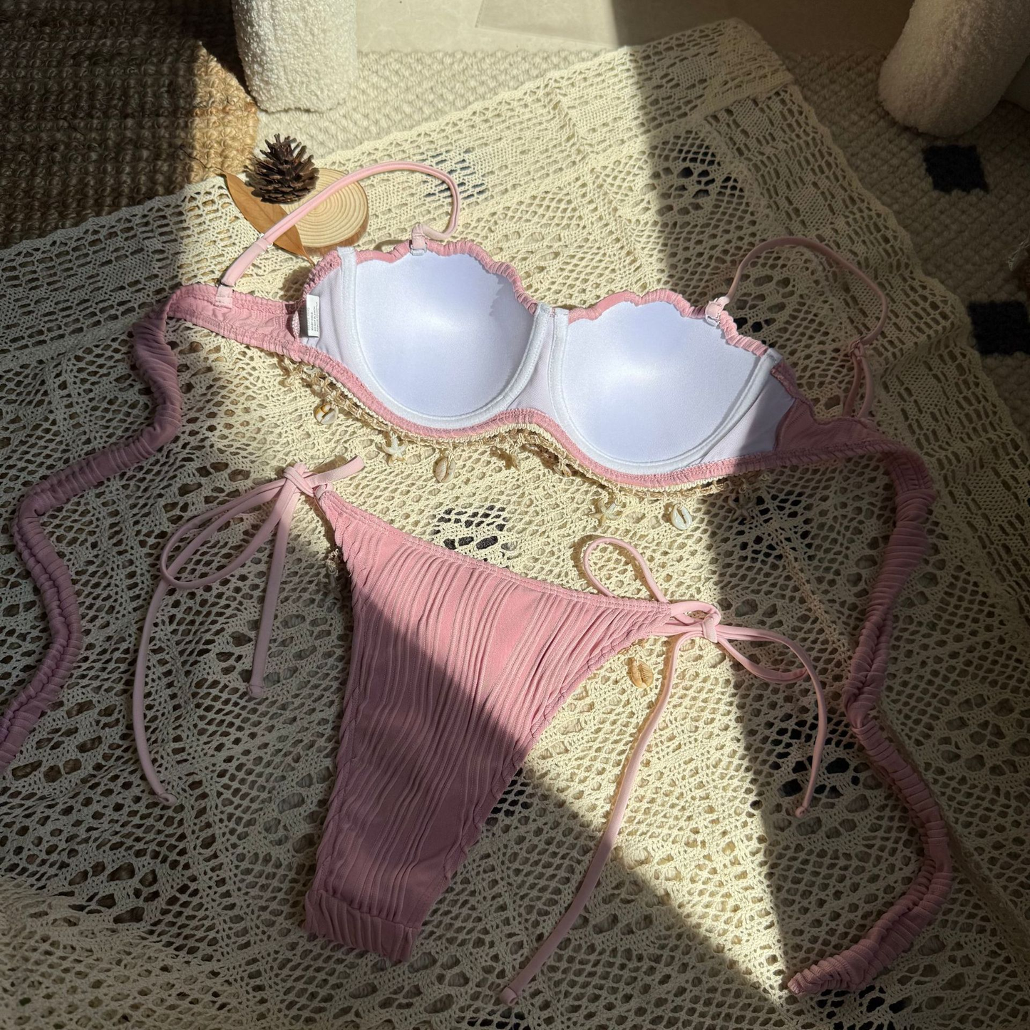 Wave Texture Shell Petal Hard Bag Split Bikini
