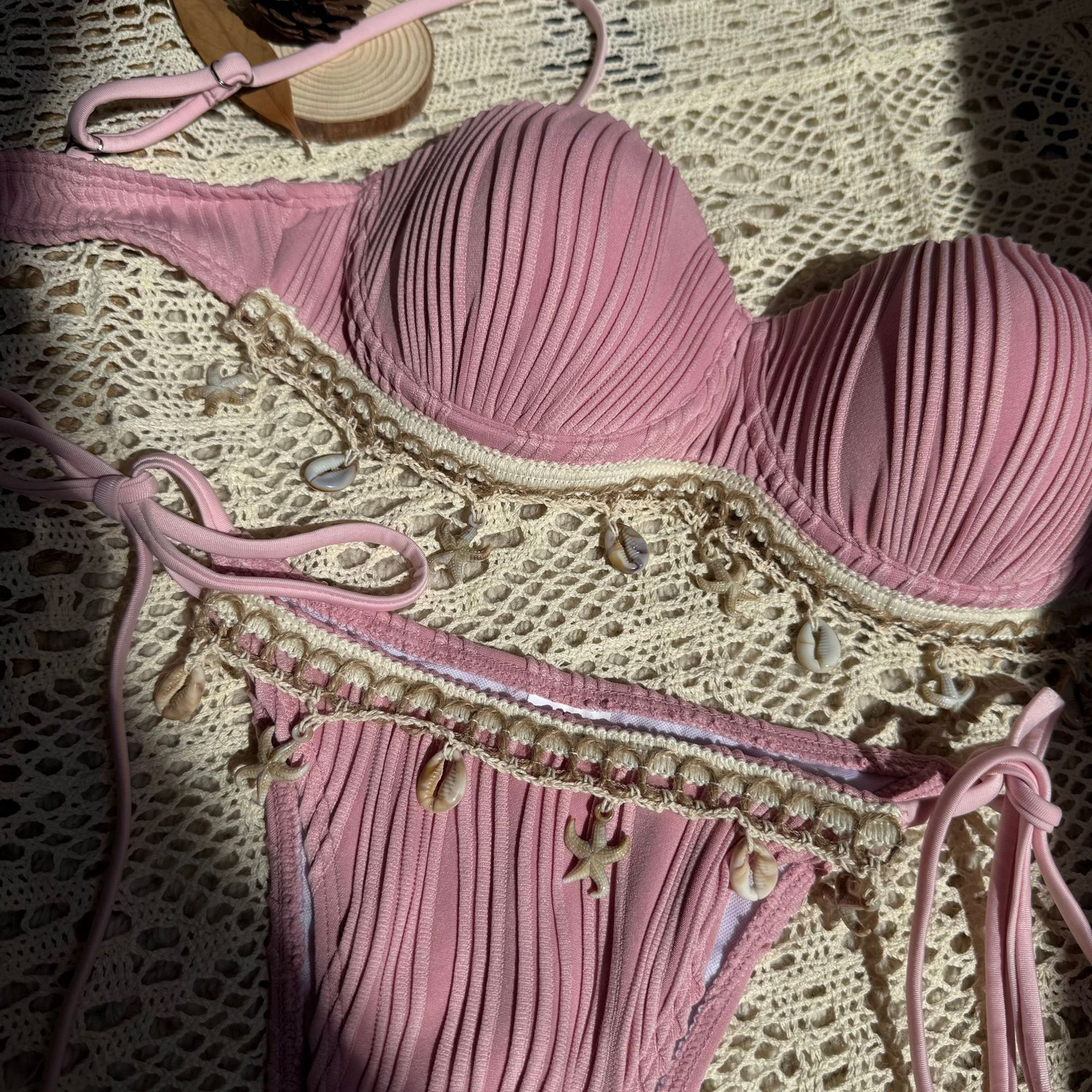 Wave Texture Shell Petal Hard Bag Split Bikini