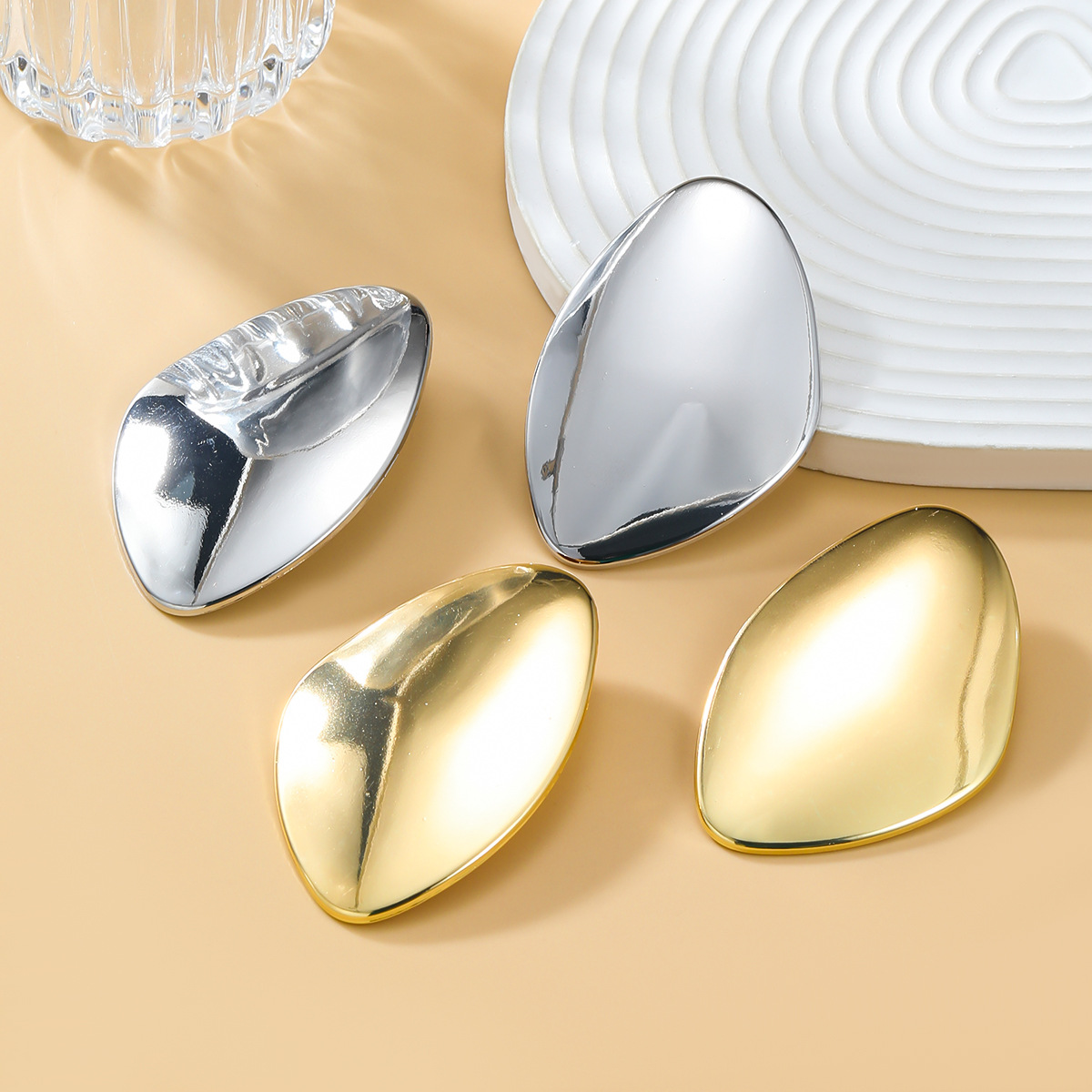 Exaggerated Metal Smooth Big Oval Stud Earrings
