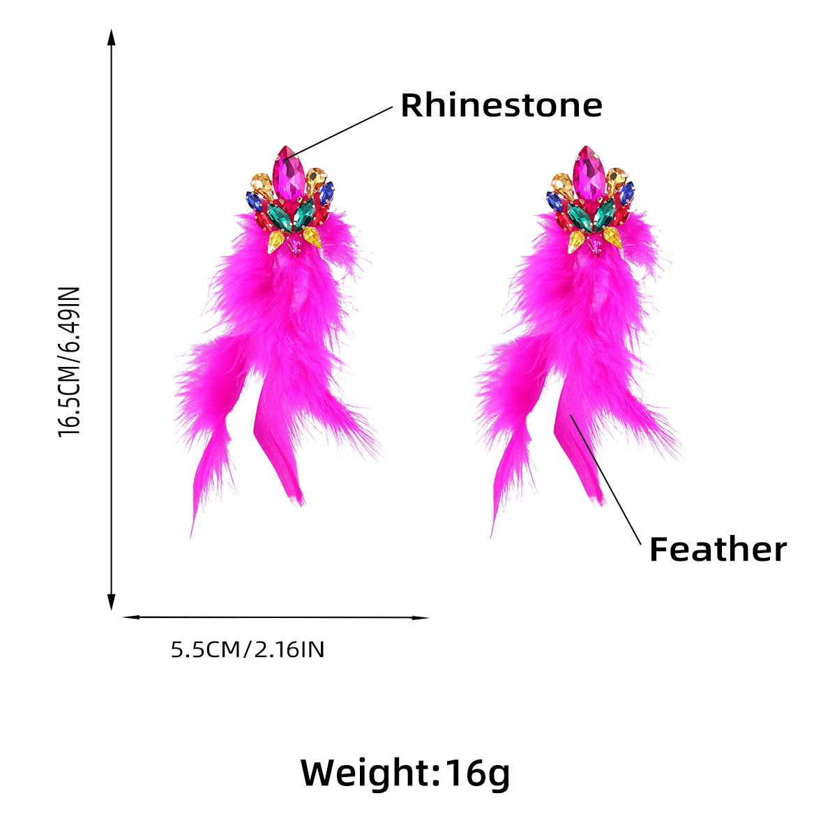 Luxury Charm Rhrinestone Feather Tassel Long Dangle Earrings