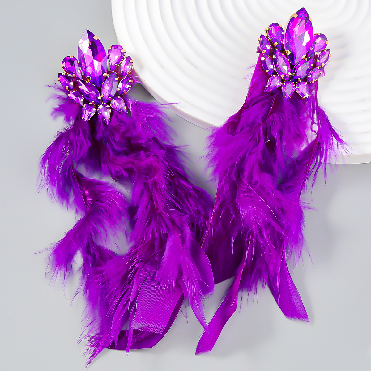 Luxury Charm Rhrinestone Feather Tassel Long Dangle Earrings
