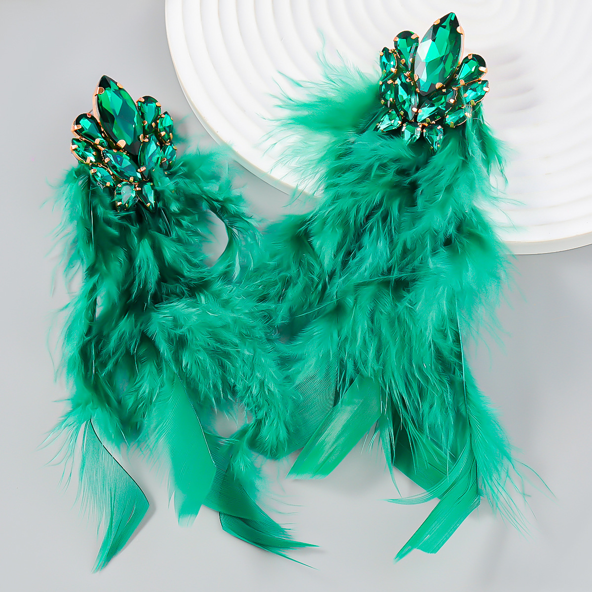 Luxury Charm Rhrinestone Feather Tassel Long Dangle Earrings