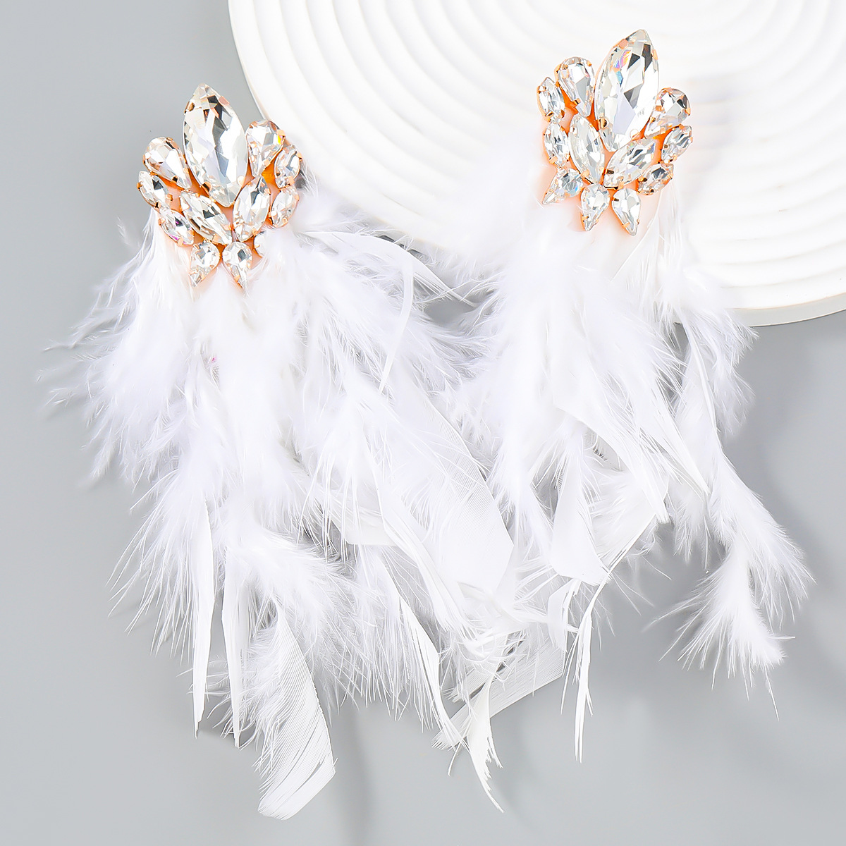 Luxury Charm Rhrinestone Feather Tassel Long Dangle Earrings