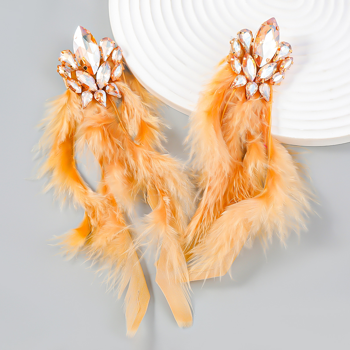 Luxury Charm Rhrinestone Feather Tassel Long Dangle Earrings