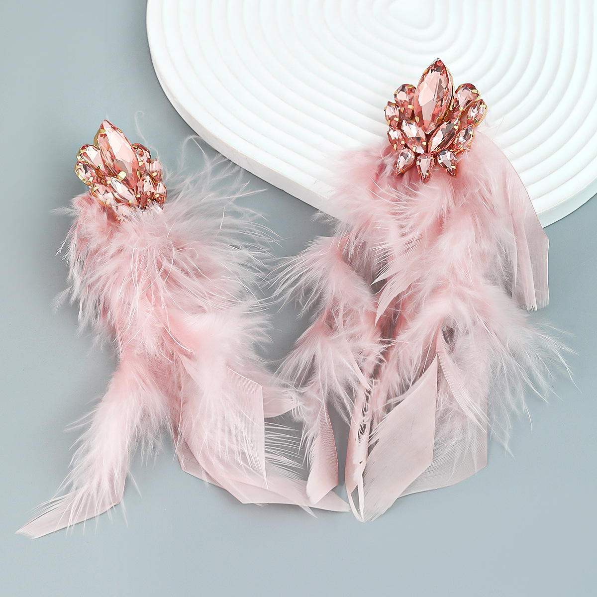 Luxury Charm Rhrinestone Feather Tassel Long Dangle Earrings