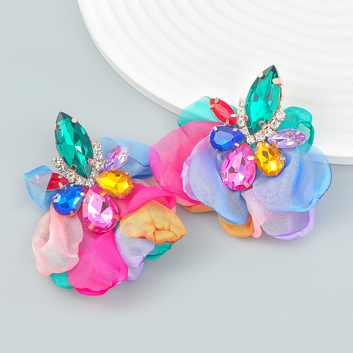 Luxury Large jewellery clip drill chiffon flower earring