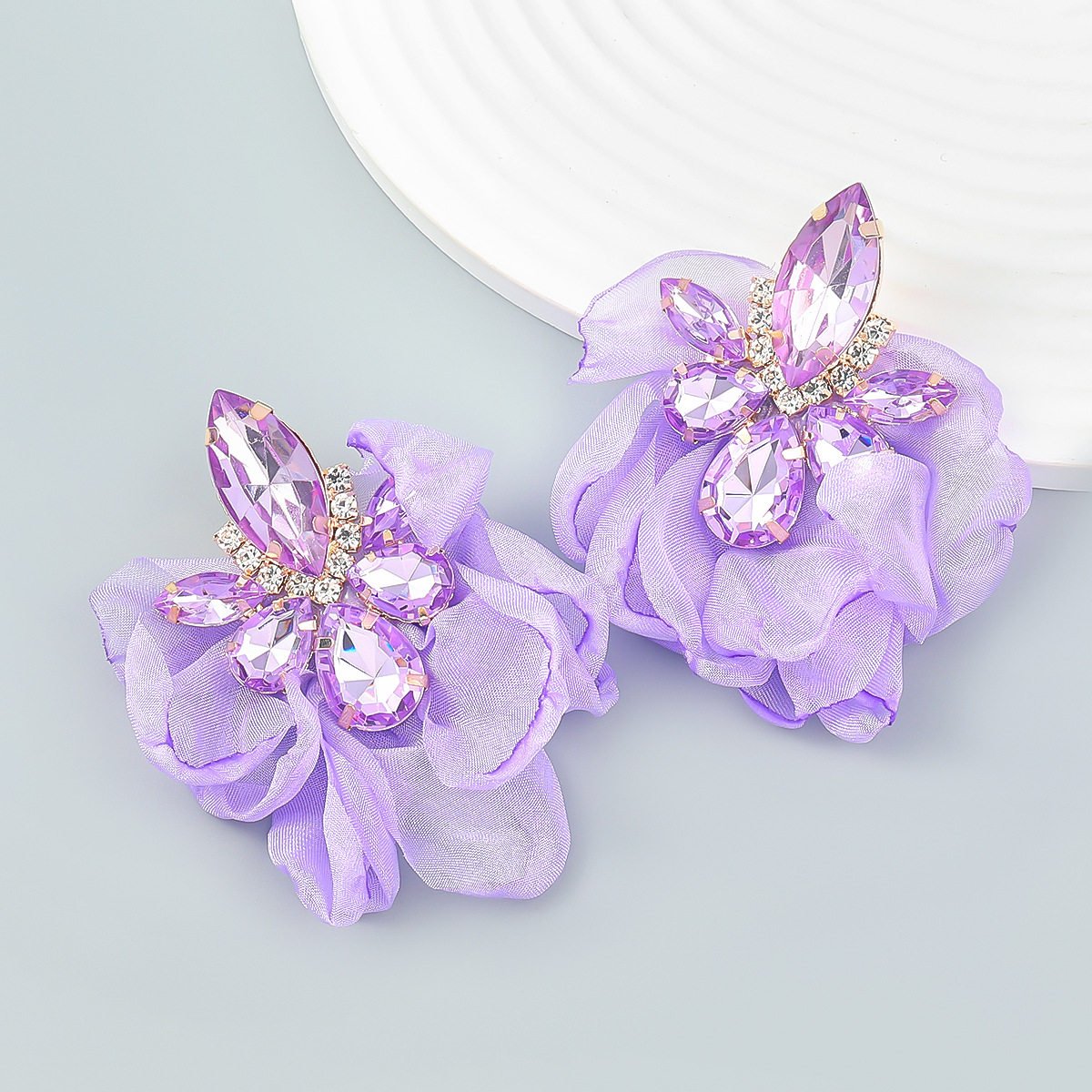 Luxury Large jewellery clip drill chiffon flower earring