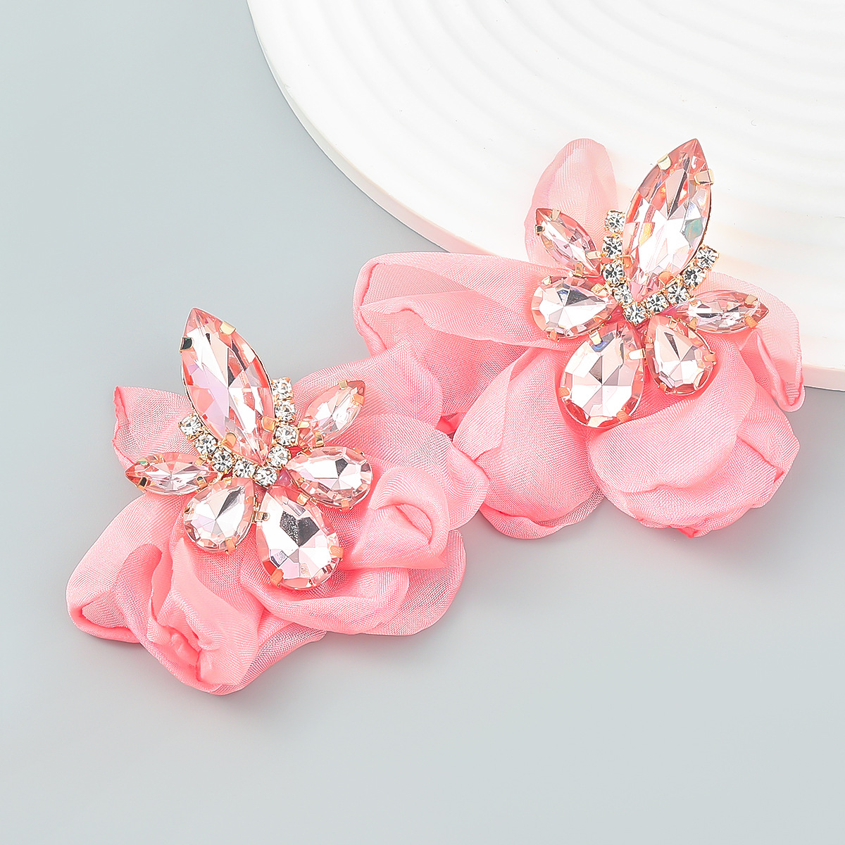 Luxury Large jewellery clip drill chiffon flower earring