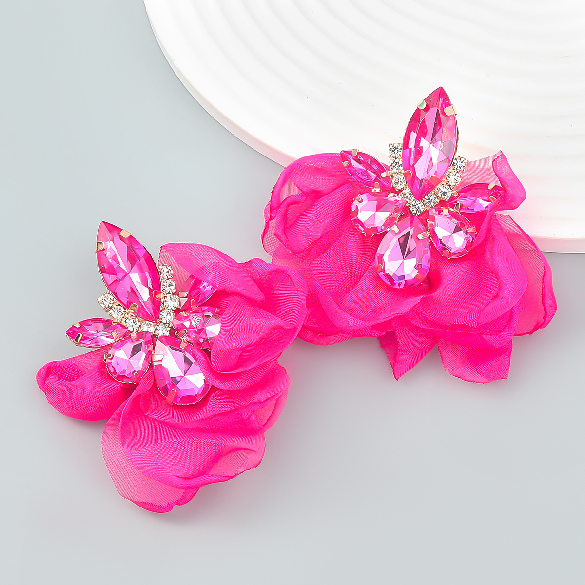 Luxury Large jewellery clip drill chiffon flower earring