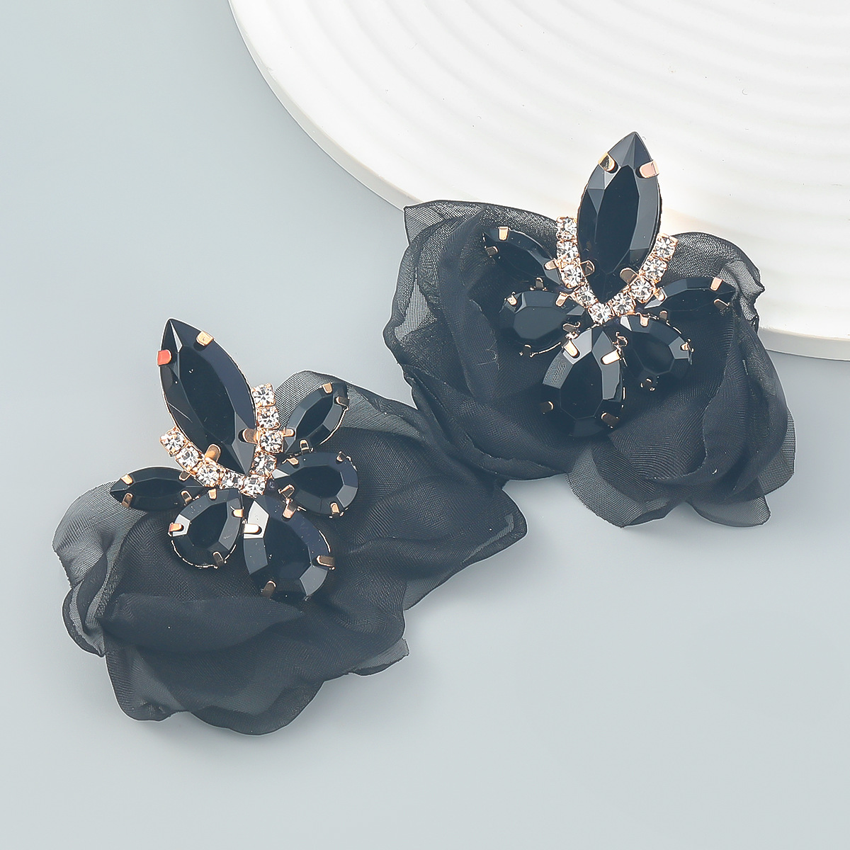 Luxury Large jewellery clip drill chiffon flower earring