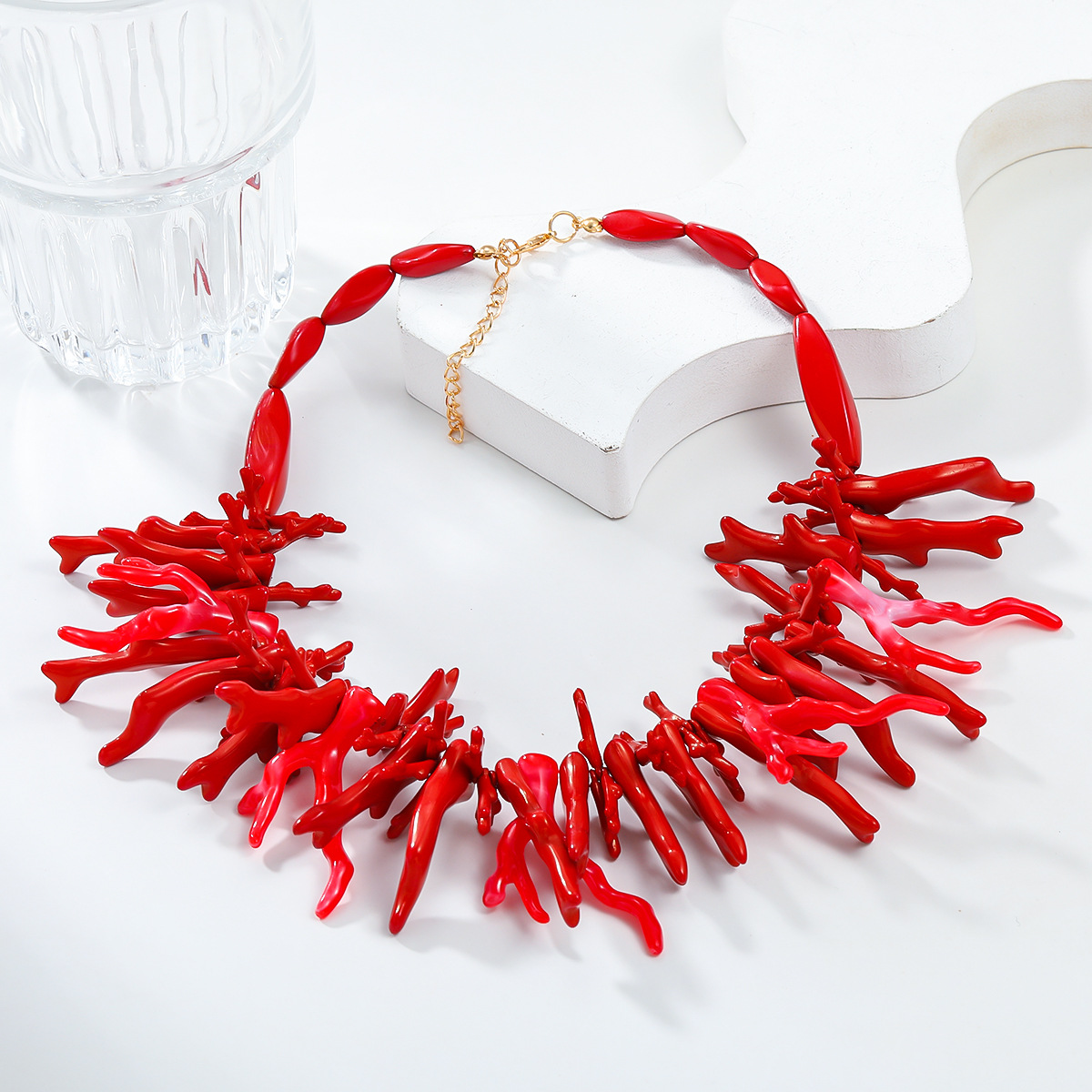 Bohemian style double layer resin Red Coral Necklace