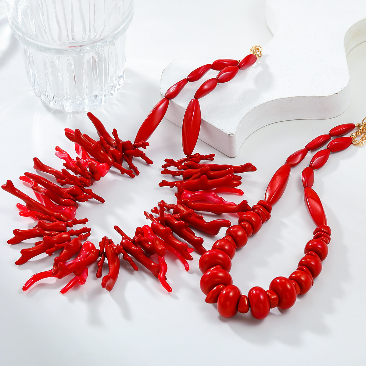 Bohemian style double layer resin Red Coral Necklace