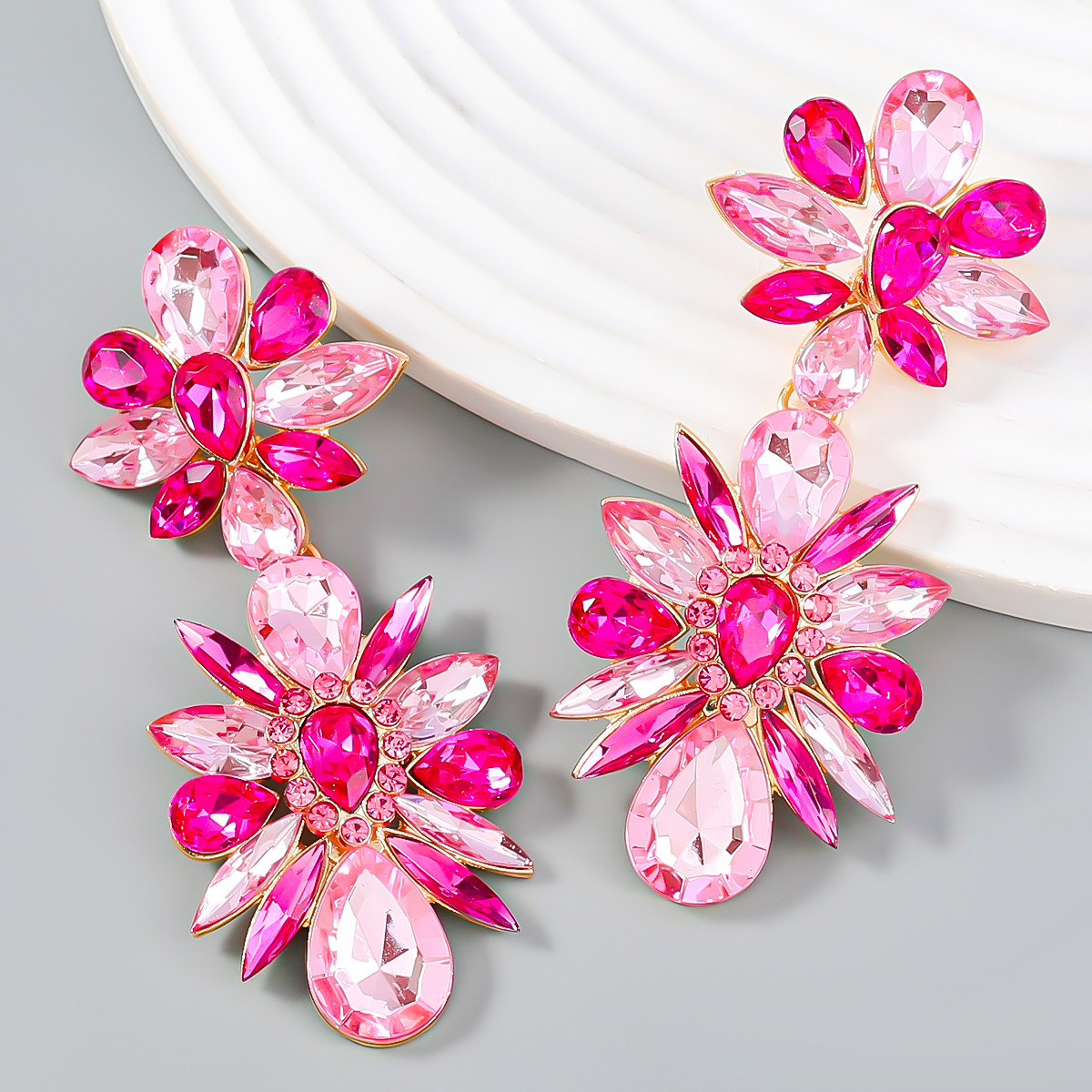 Crystal Flowers Dangle Geometric Earrings Pendientes Vintage