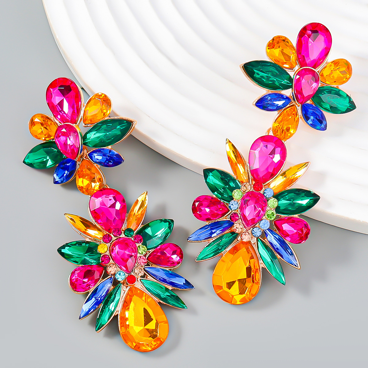 Crystal Flowers Dangle Geometric Earrings Pendientes Vintage
