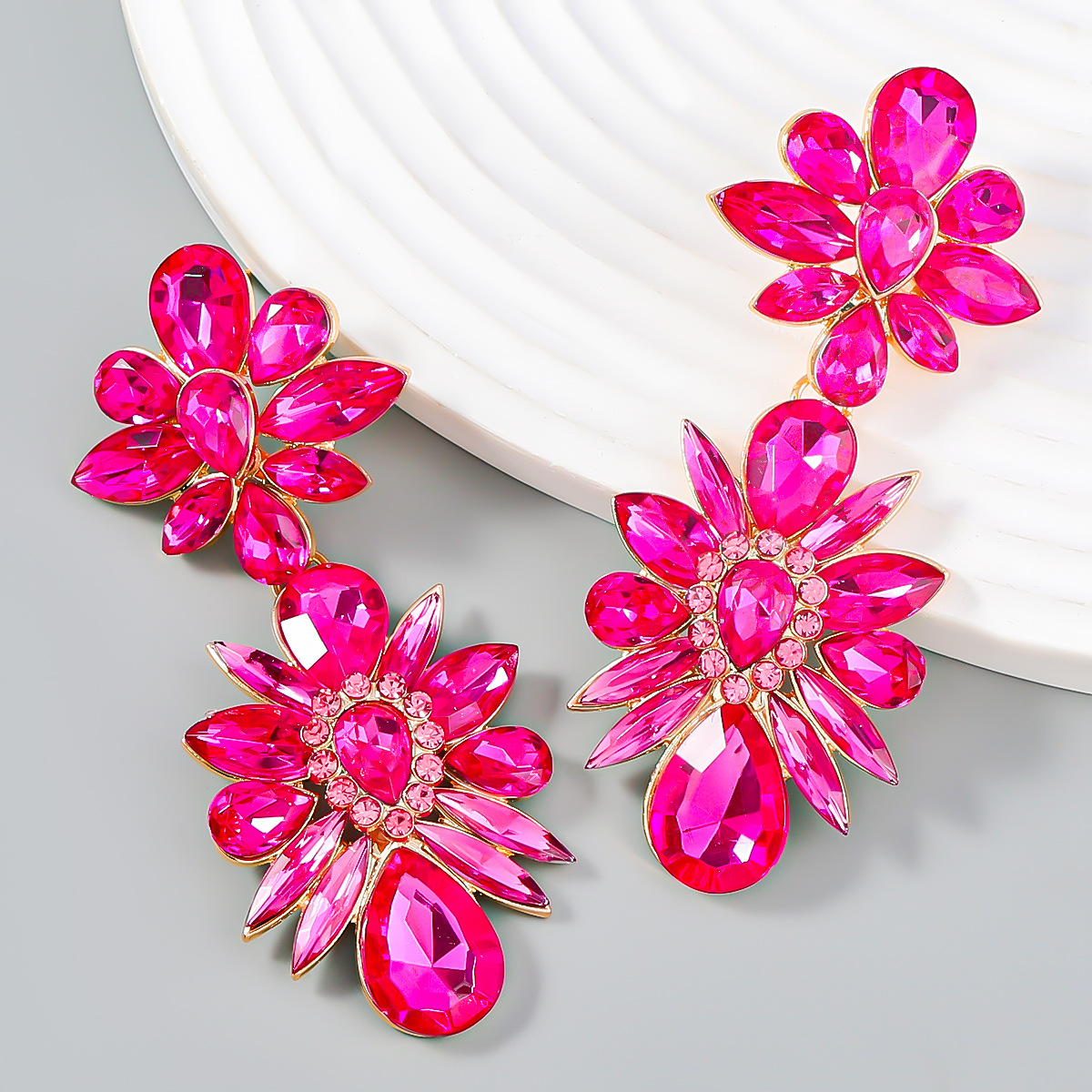 Crystal Flowers Dangle Geometric Earrings Pendientes Vintage