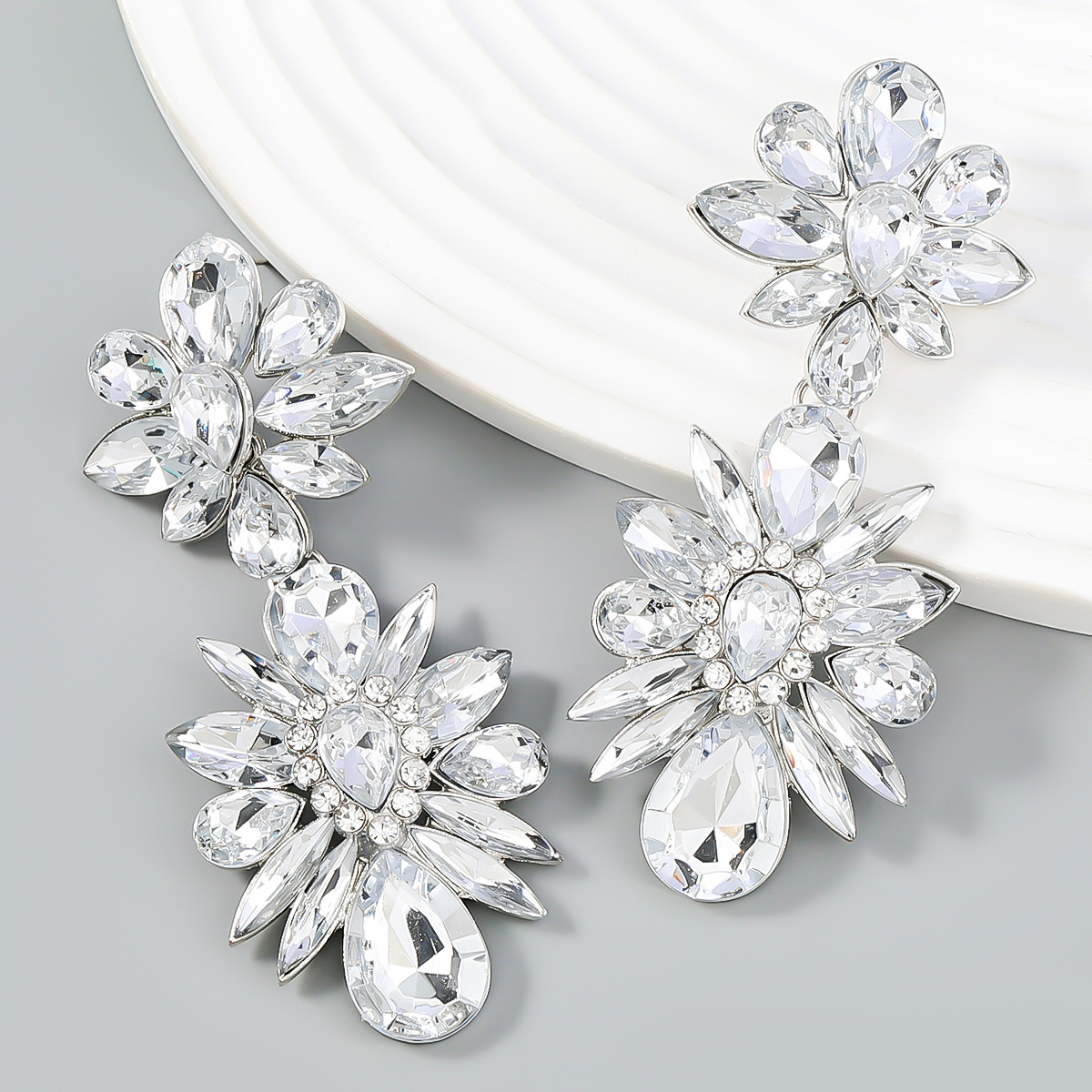 Crystal Flowers Dangle Geometric Earrings Pendientes Vintage