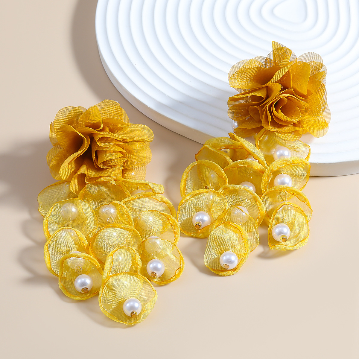Elegant Yarn Flower Beads Charm Long Dangle Earrings