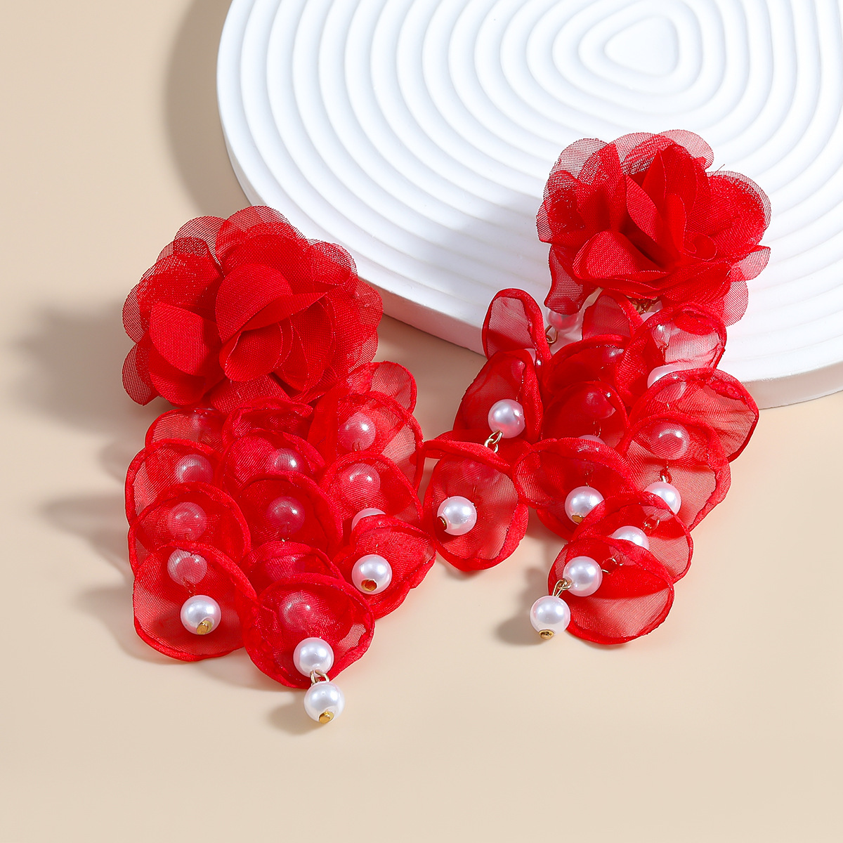 Elegant Yarn Flower Beads Charm Long Dangle Earrings