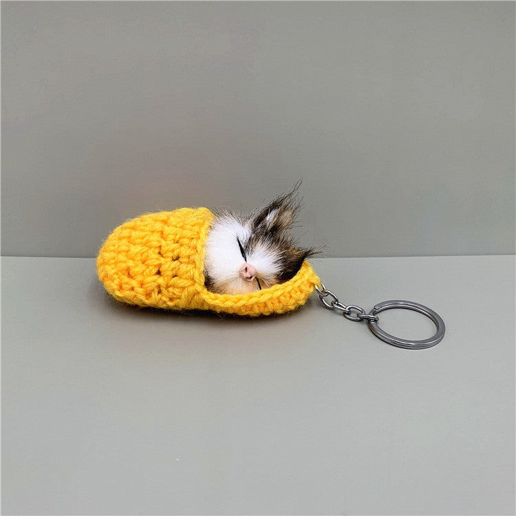 Handmade Cute Sleeping Cat Pompom Funny Bag Keychain