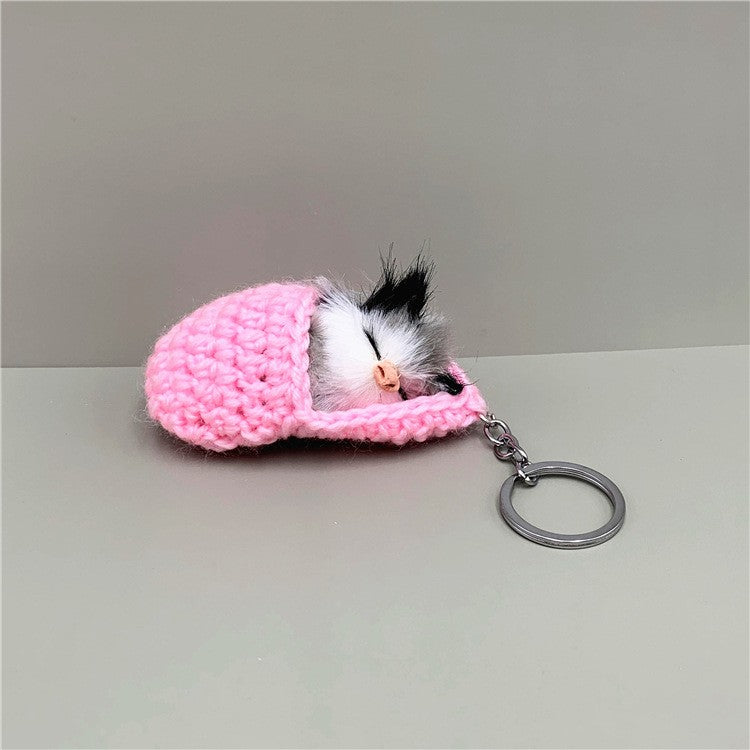 Handmade Cute Sleeping Cat Pompom Funny Bag Keychain