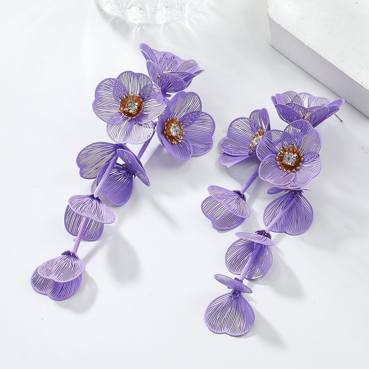 Colorful Flower Petal Long Earrings Inlaid Zircon Drop Earrings