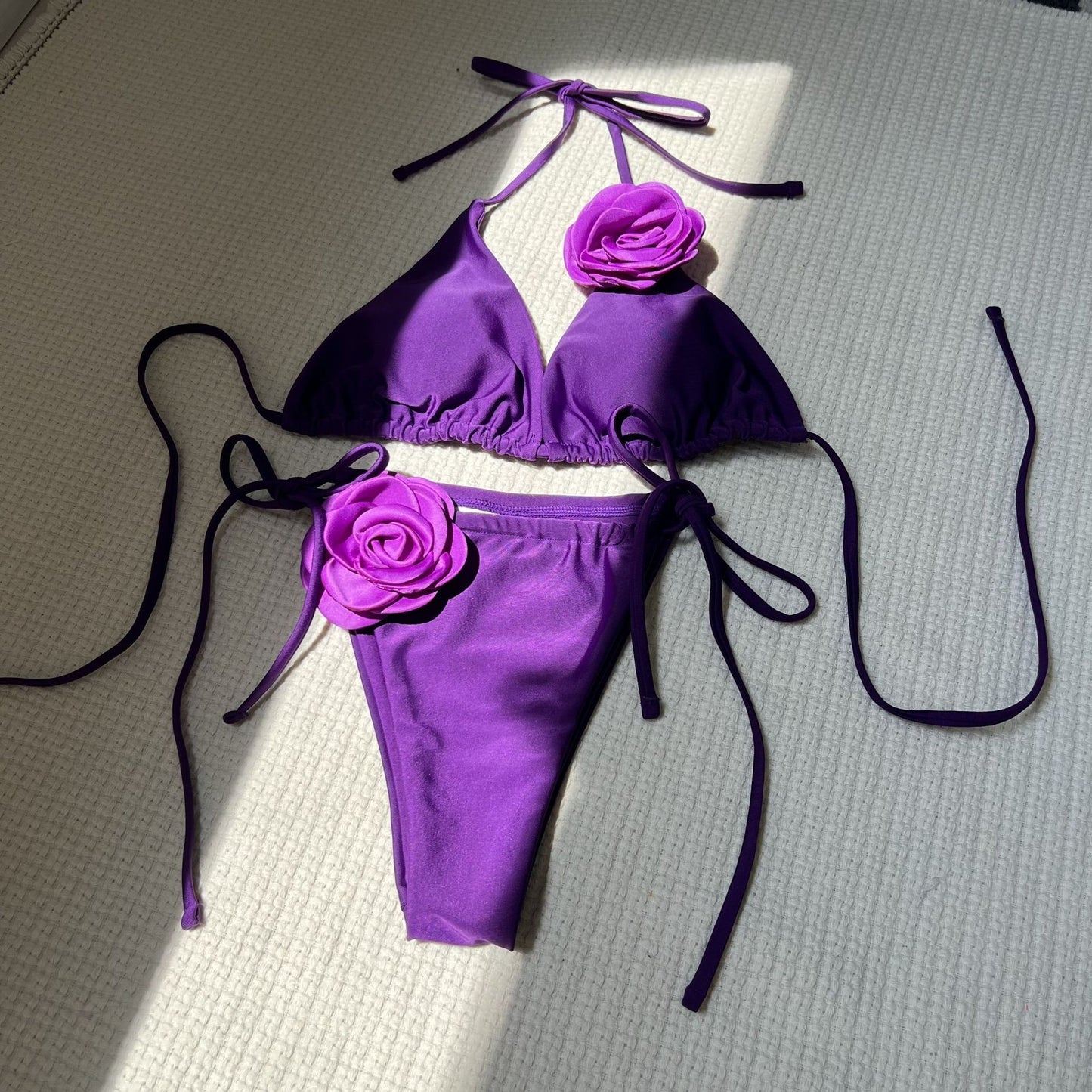 3D Flowers Halter Strappy Bikini