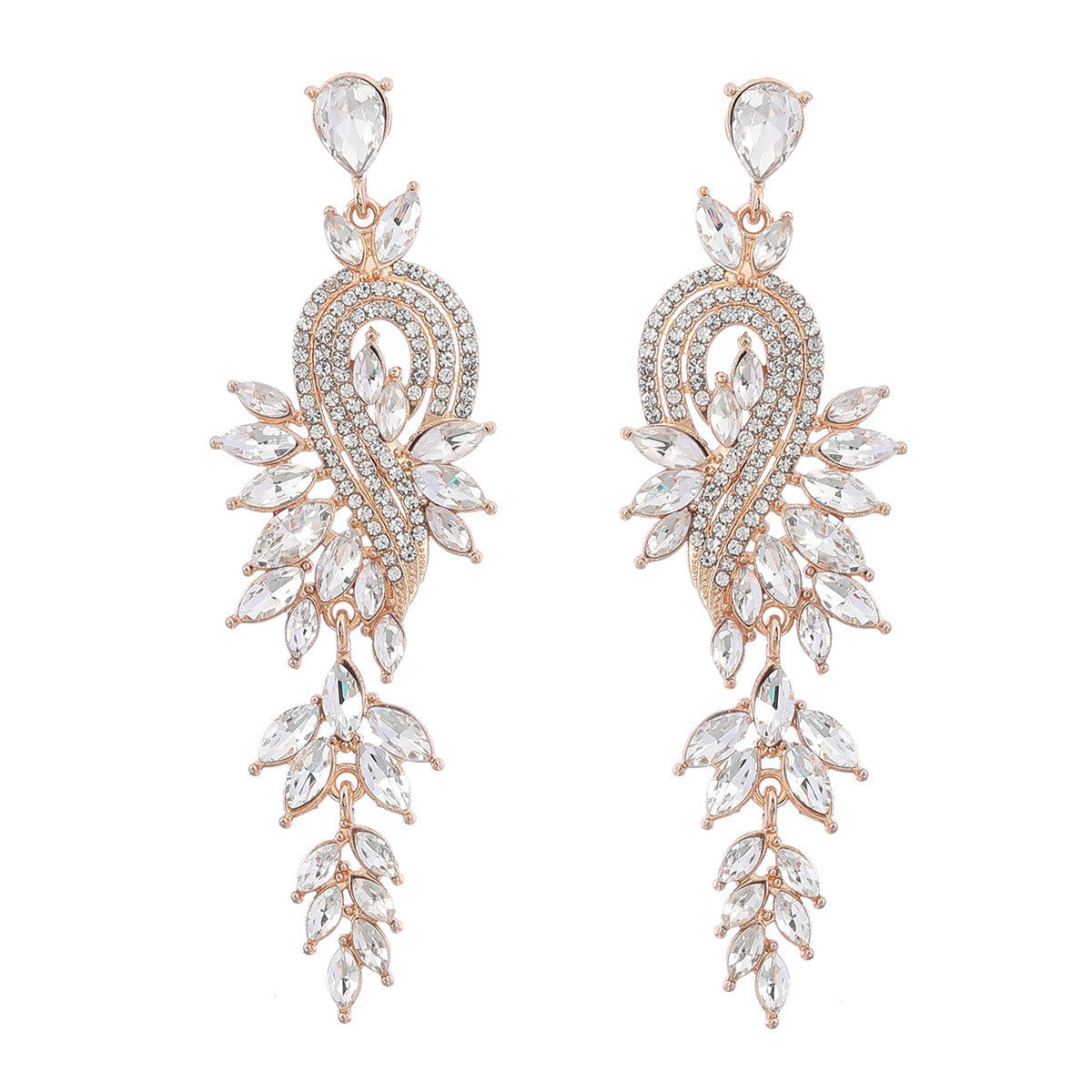 Dangle Earrings Metal Hollow Chain Leaves Crystal Pendant