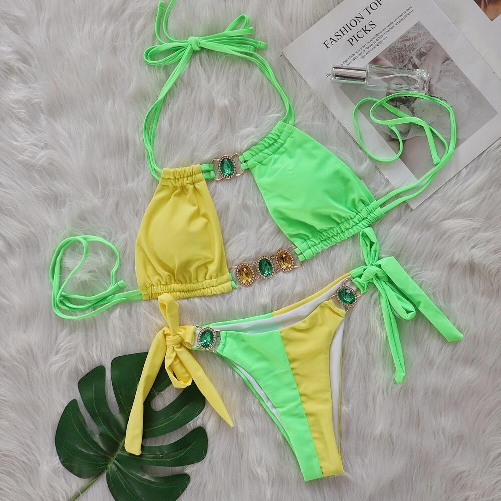 Splicing Halter Jewelled Hollow Out Bikini
