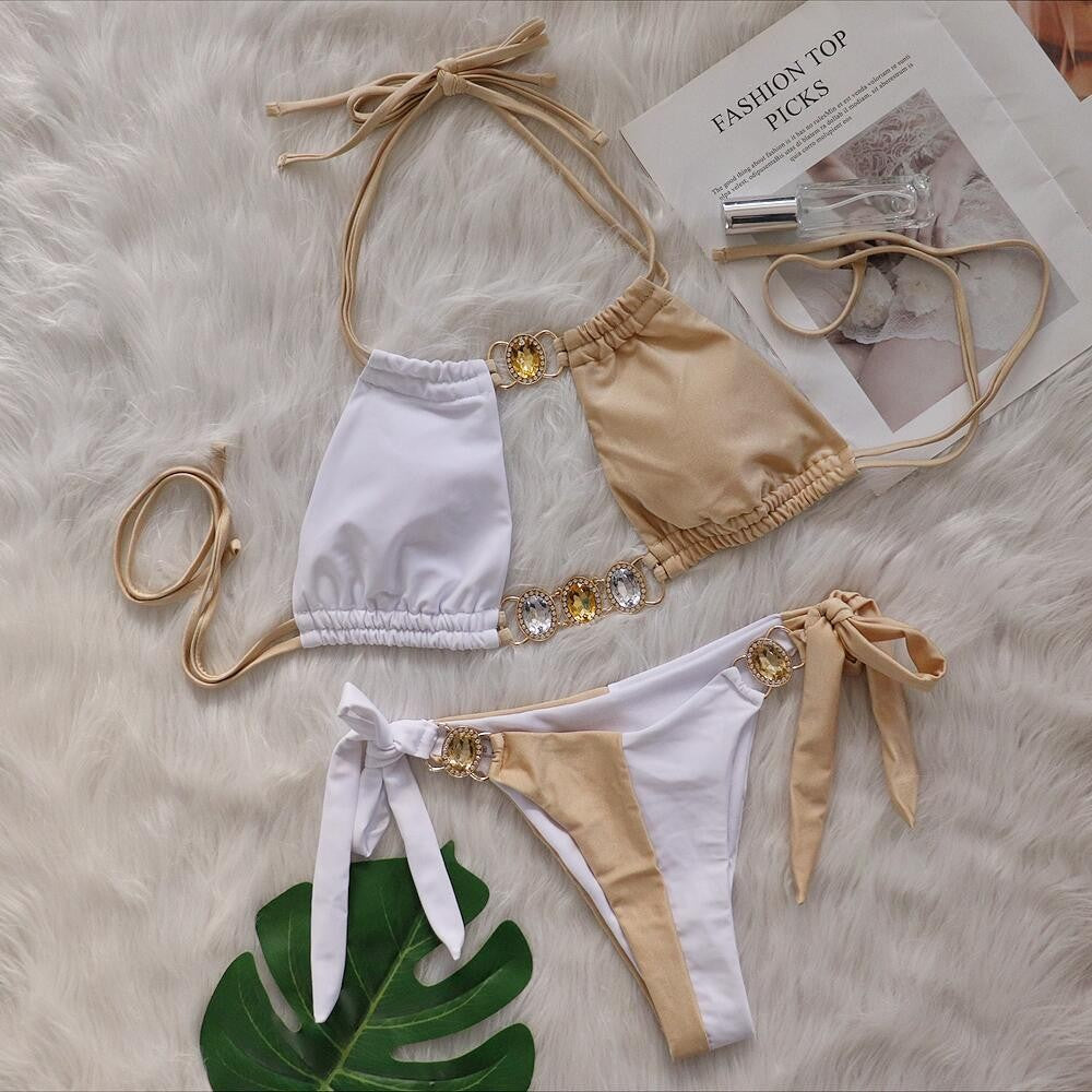 Splicing Halter Jewelled Hollow Out Bikini
