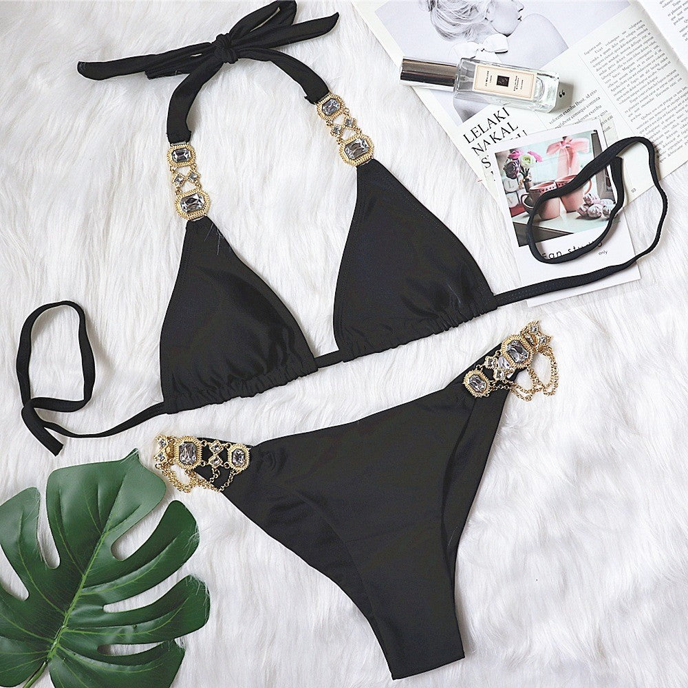 Halter Metal Chains Rhinestone Diamond Bikini set