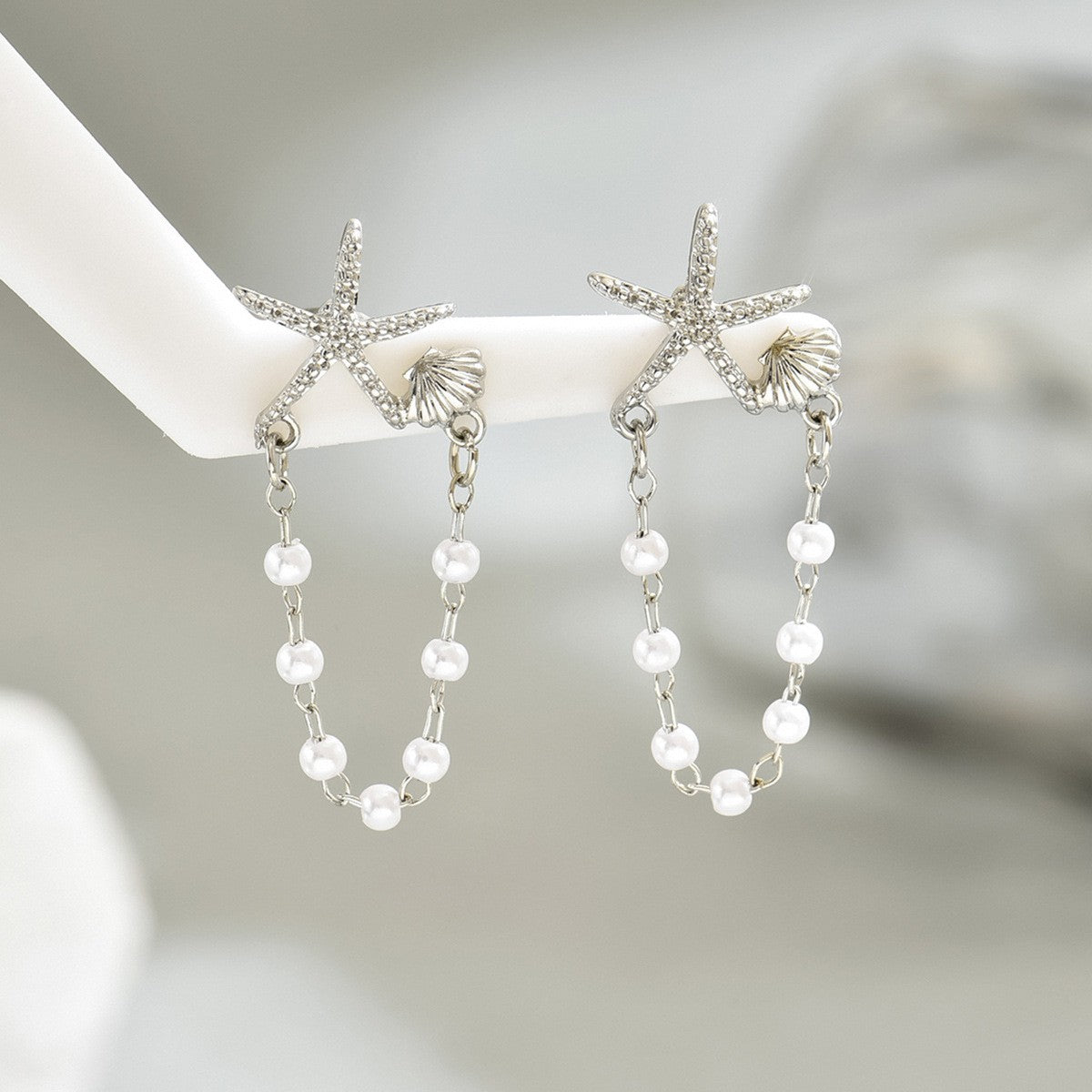 Bohemian Rhinestone Starfish Imitation Pearl Tassel Earrings