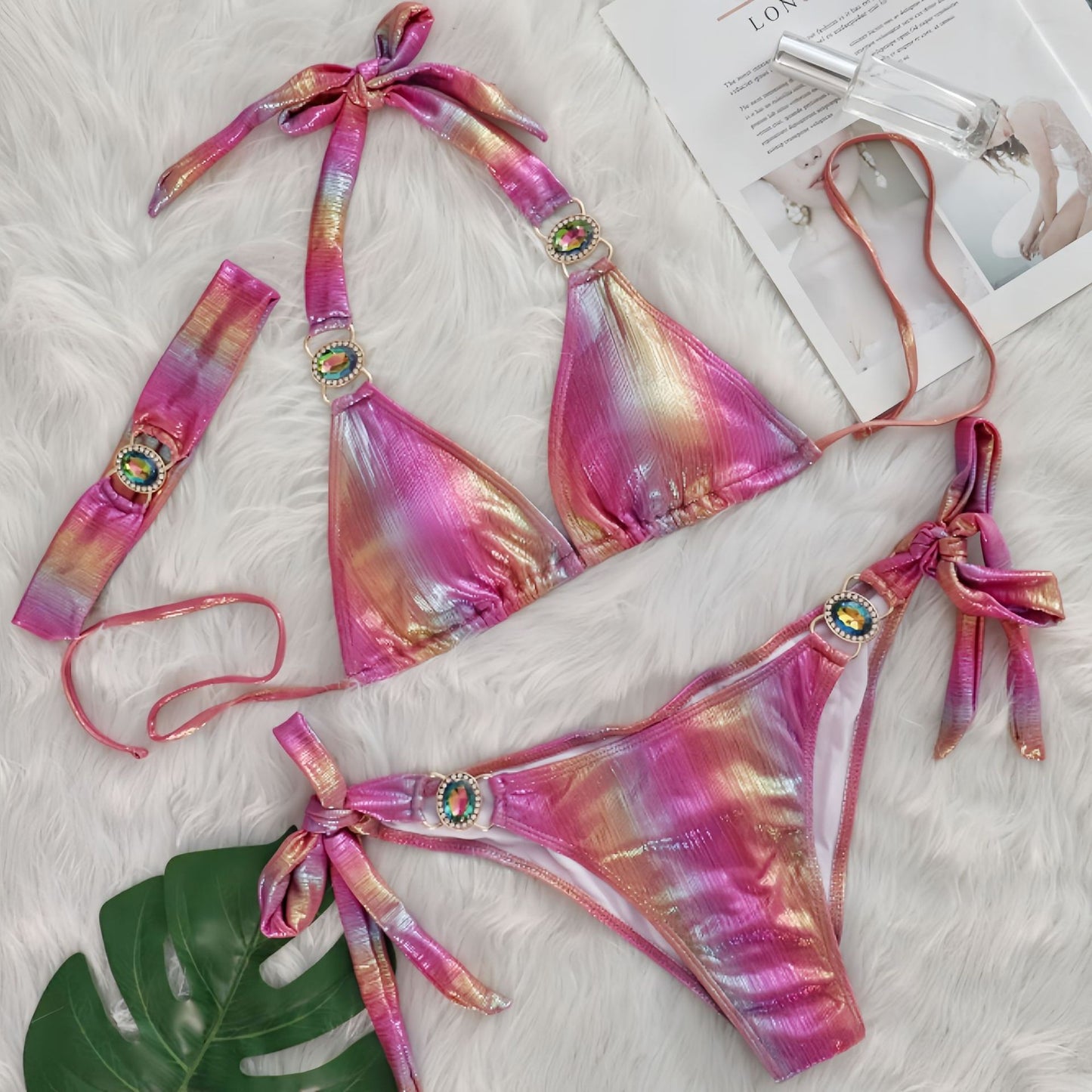 Glossy Sexy Halter Bikinis With Rhinestones