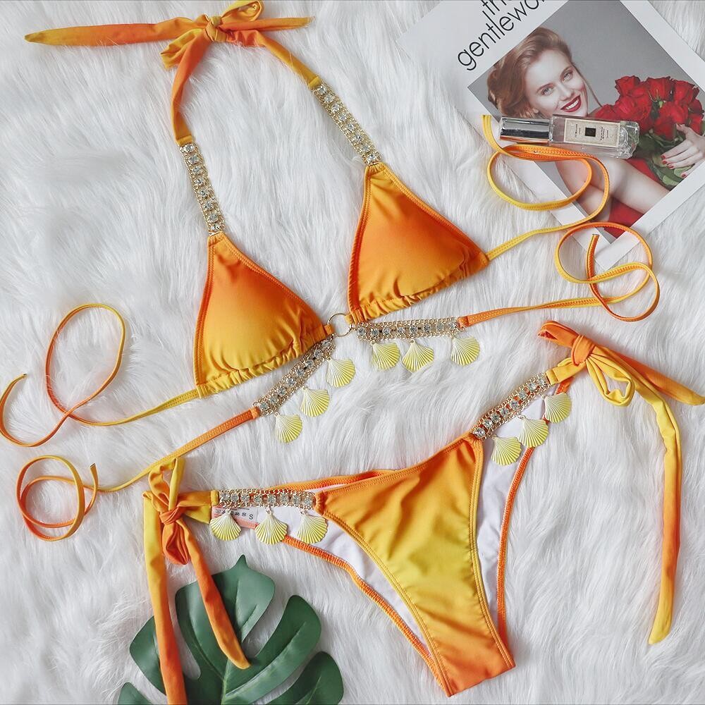 Pink Gradient Shell Chain Rhinestone Halter Bikinis Set