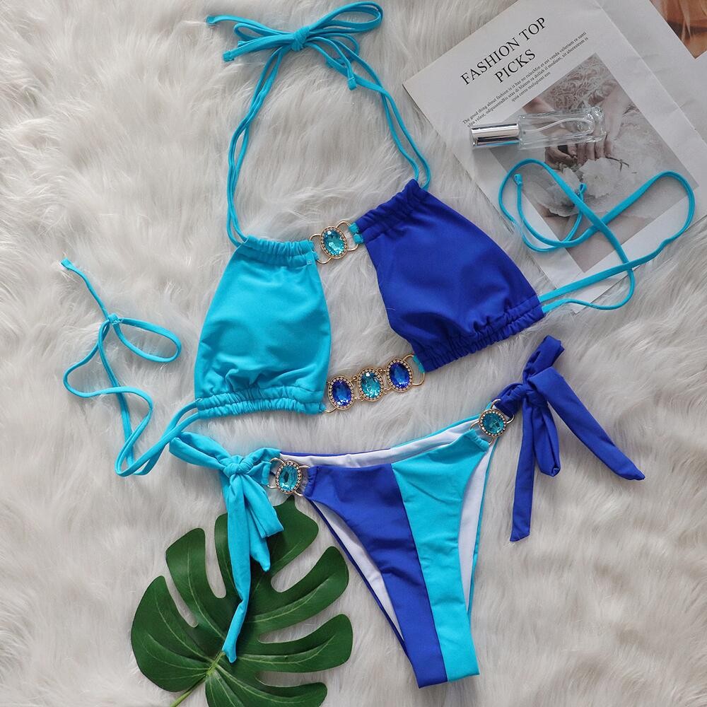 Splicing Halter Jewelled Hollow Out Bikini