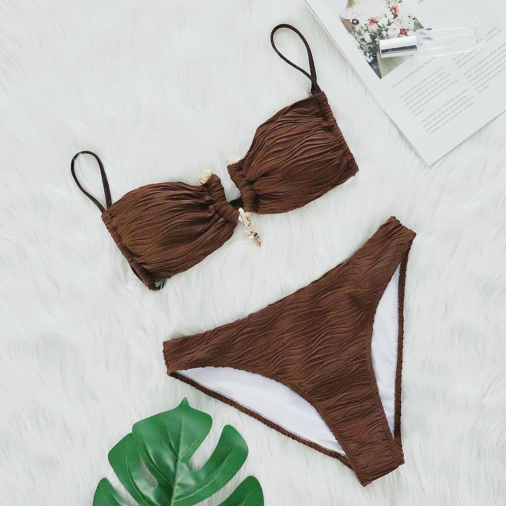 Sexy Brown Ribbed Metal Bikini