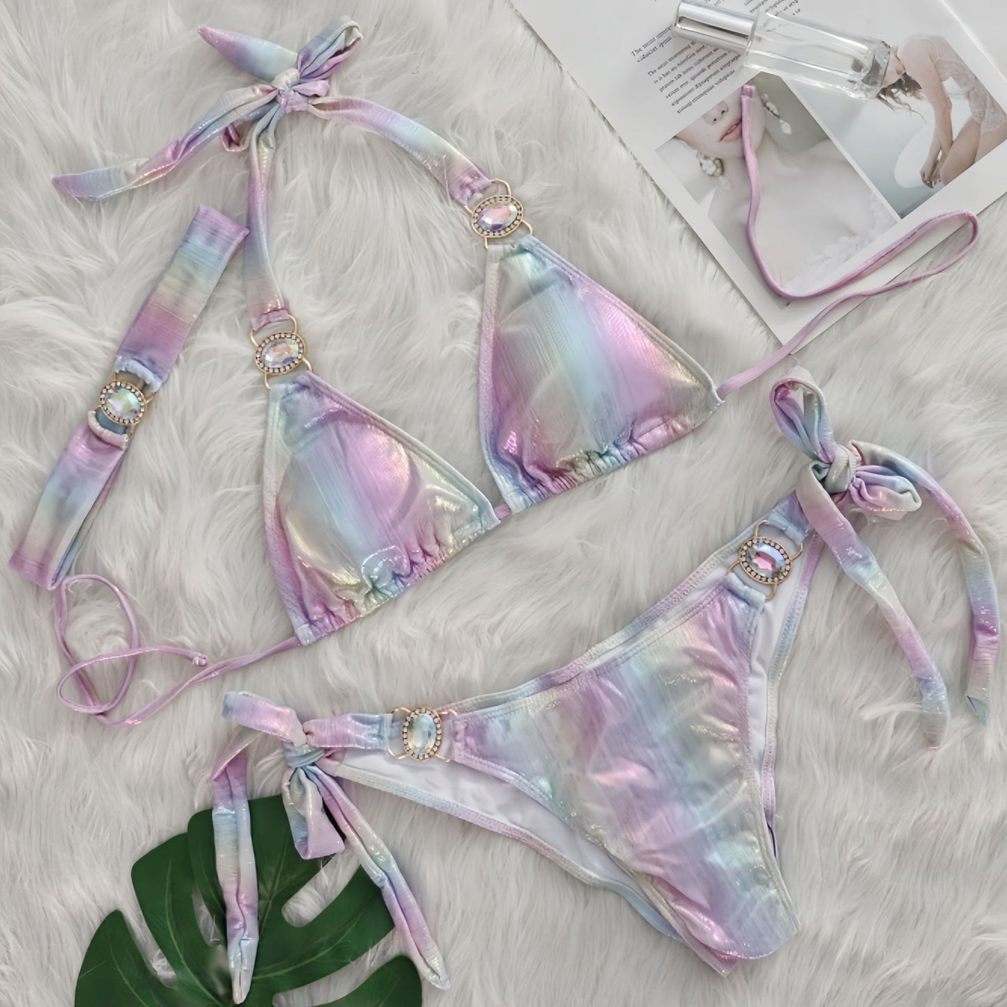 Glossy Sexy Halter Bikinis With Rhinestones