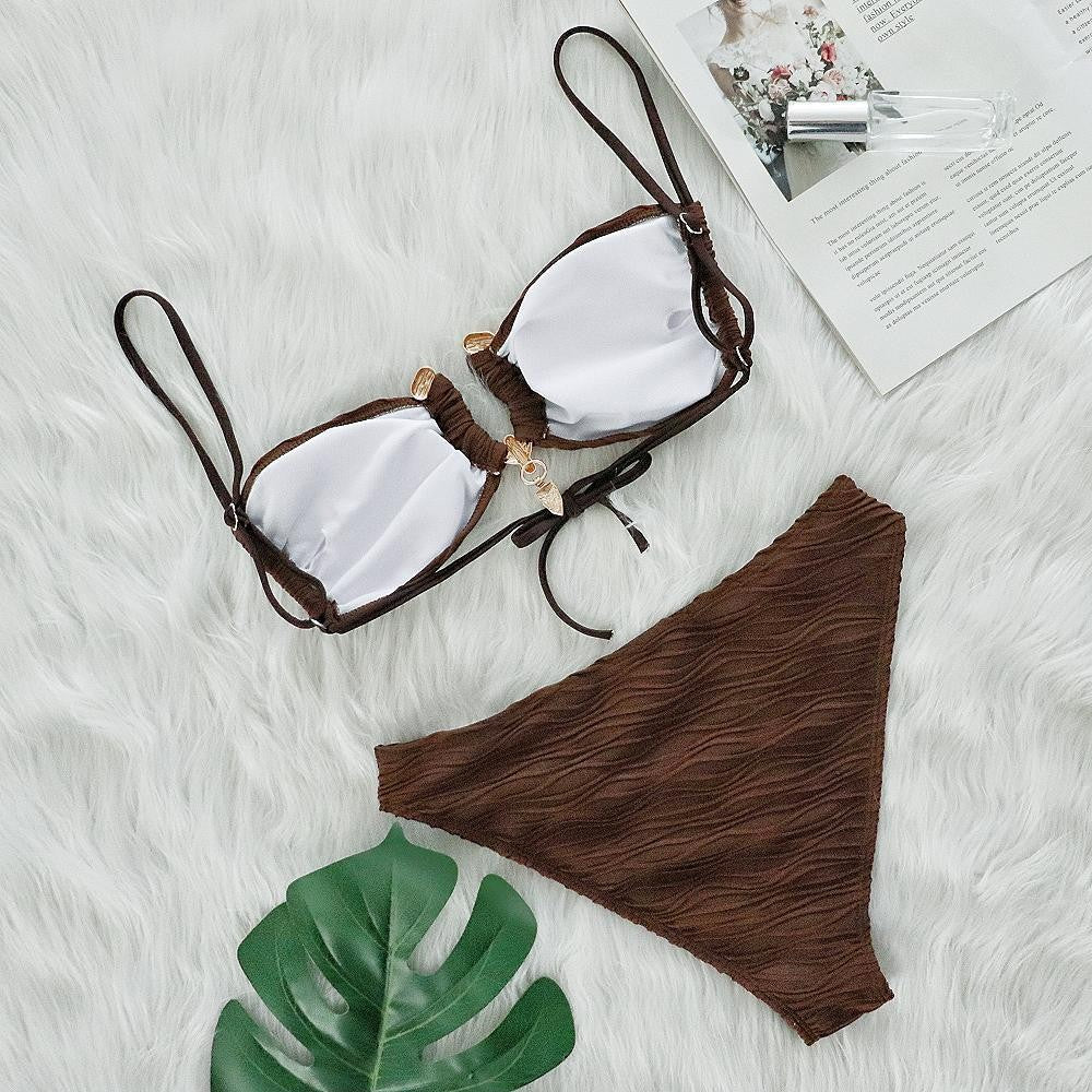 Sexy Brown Ribbed Metal Bikini