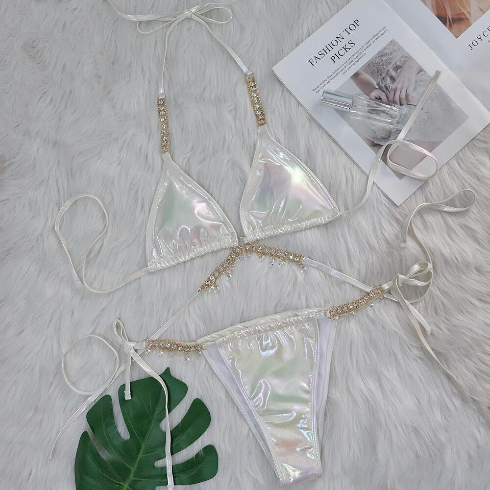 Sexy Halter Shiny Diamond Laser Metallic Bikini
