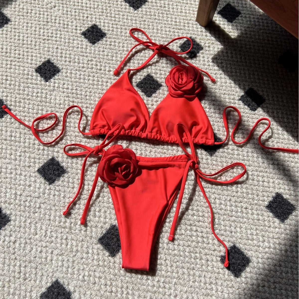 3D Flowers Halter Strappy Bikini