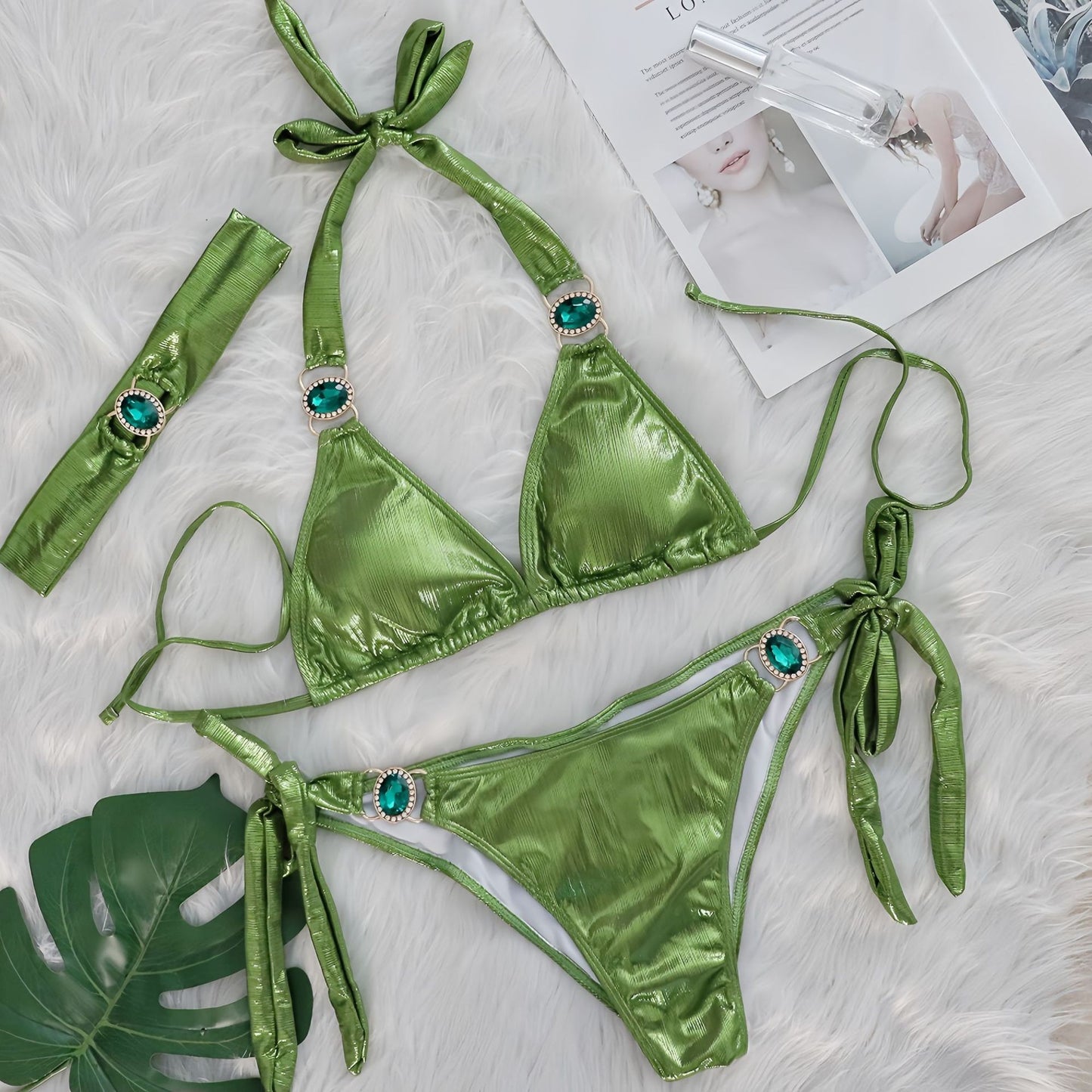 Glossy Sexy Halter Bikinis With Rhinestones